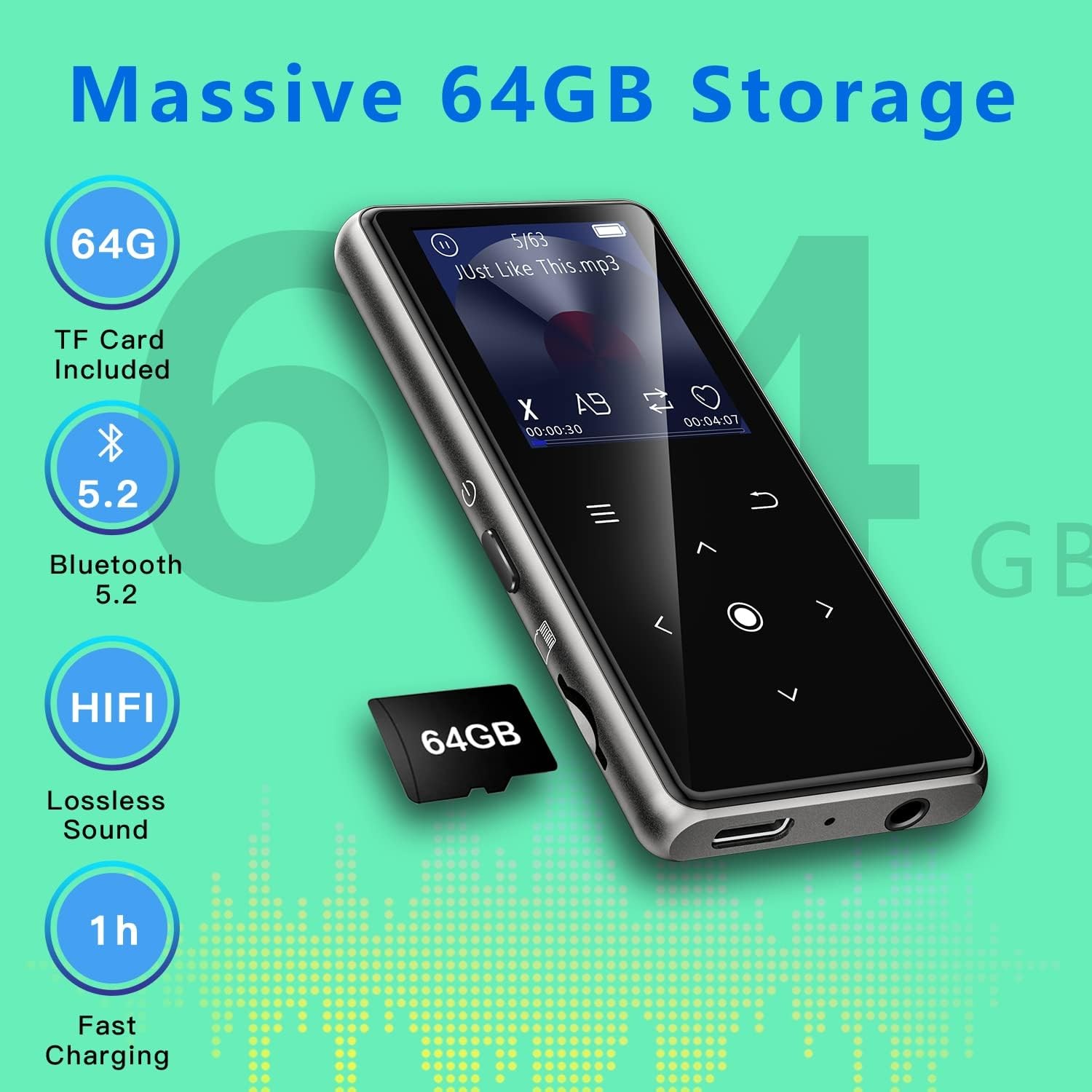 64GB MP3 Player with Bluetooth 5.2, AiMoonsa Music Player with Built-in HD Speak