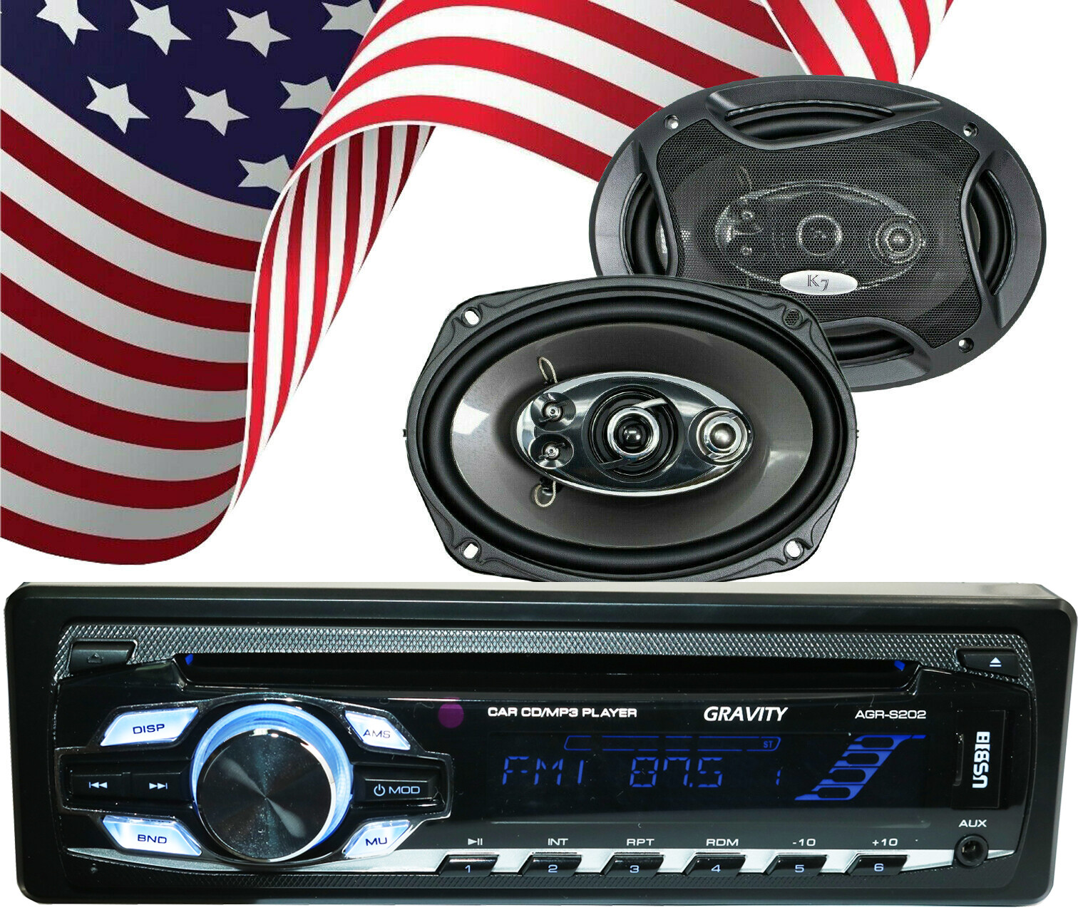 Gravity AGR-S202 1-Din Car Stereo Receiver + 2x Audiotek K7 6×9″ 700W Speakers