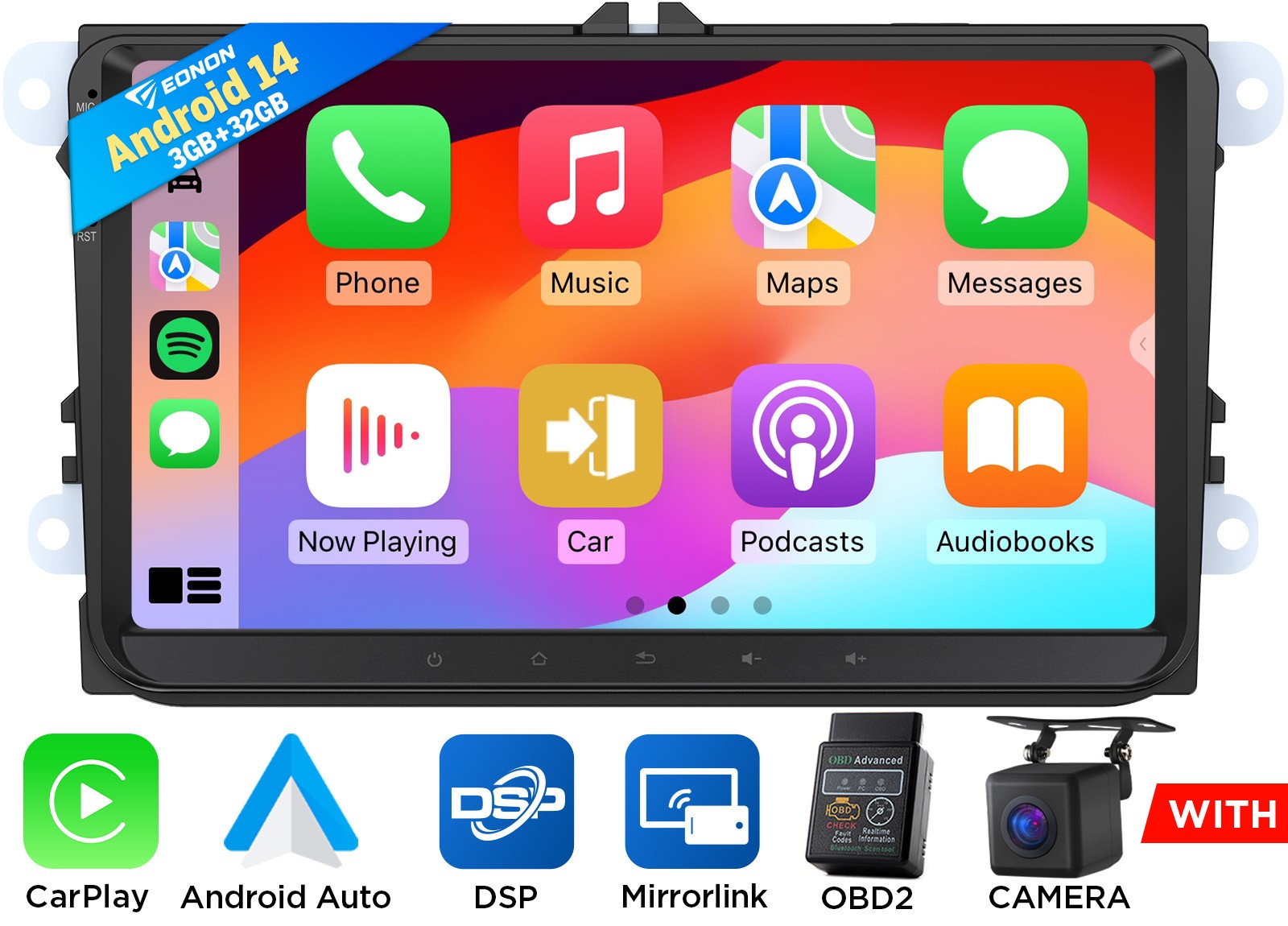 OBD+CAM+For VW Volkswagen Jetta Passat CC 9″ Android 14 Car Stereo CarPlay Radio