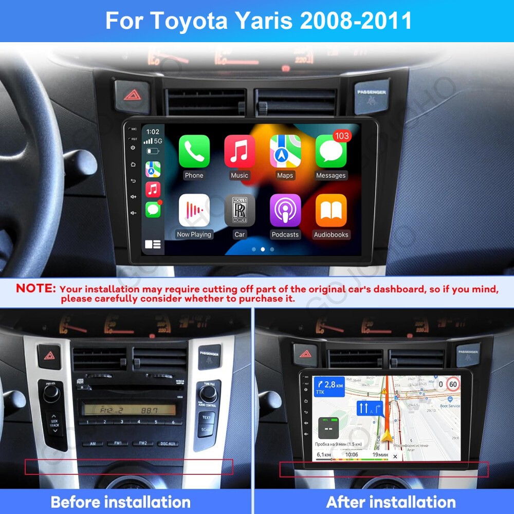 For Toyota Yaris 2008-2011 Android 15 Car Stereo Radio GPS Apple Carplay Camera