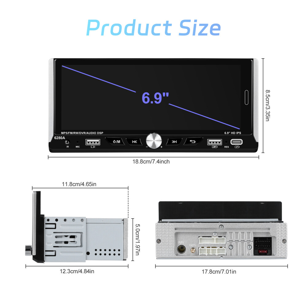 2+64GB 6.9″ Single 1 Din Android 15 Carplay BT GPS Touch Screen Car Stereo Radio