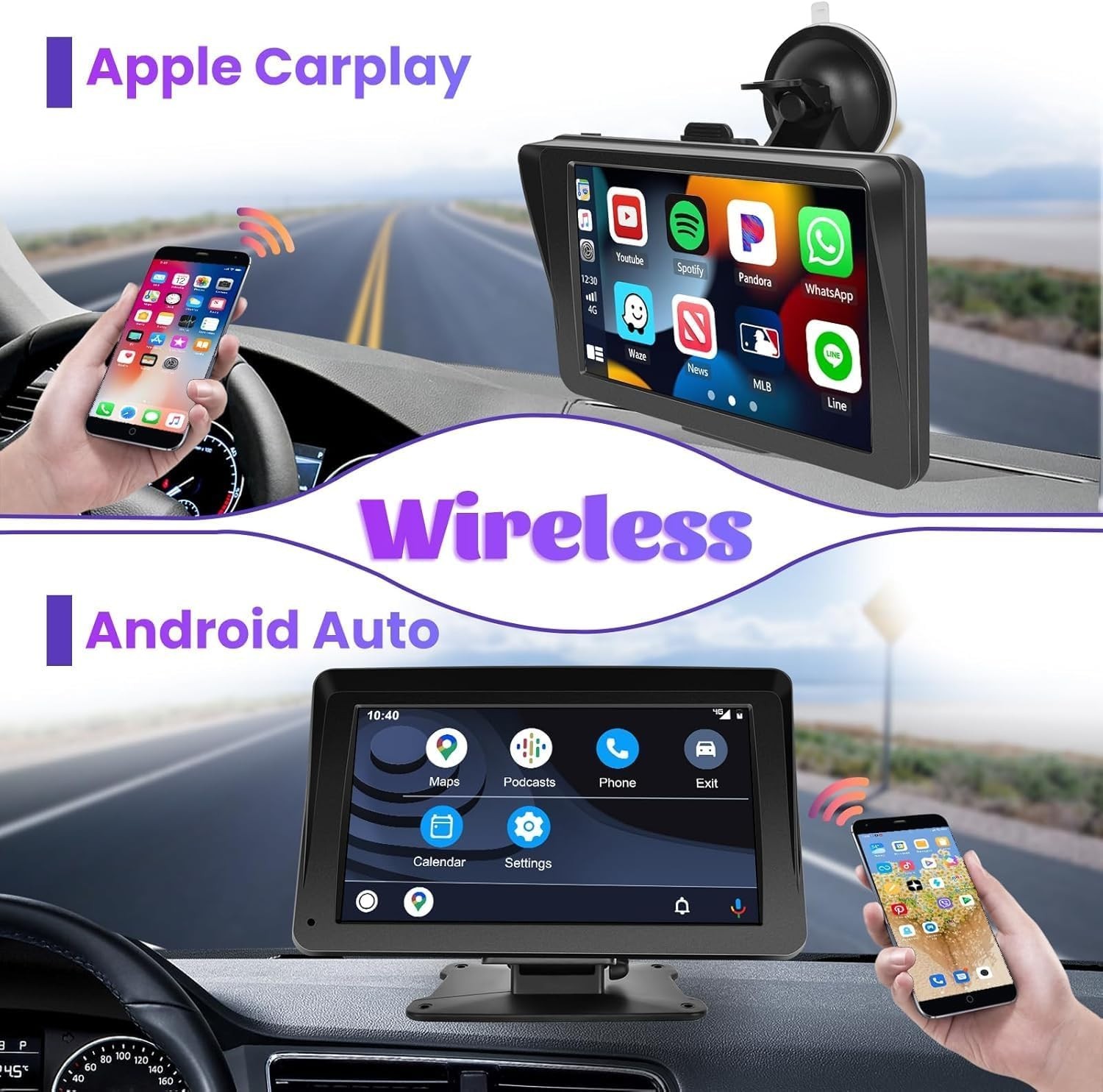 Wireless Carplay Screen Dash Mount 7 Inch Touchscreen Car Stereo Android GPS AUX