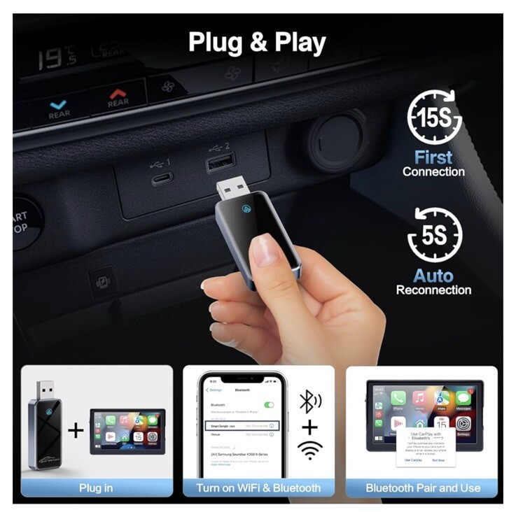 Wireless CarPlay Adapter for Apple – 2024 Slim Edition Plug & Play Connection…