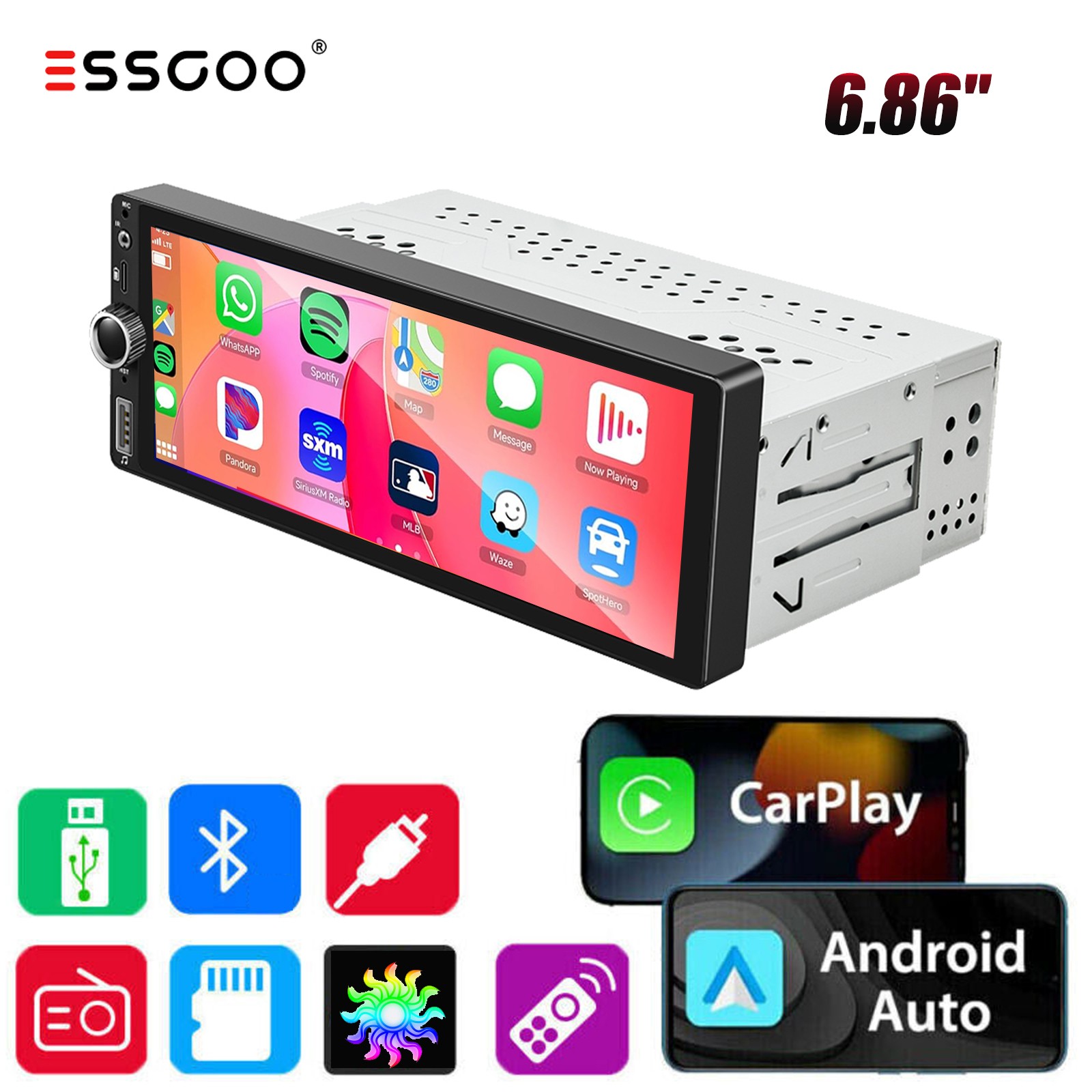 7″ Single 1Din Touch Screen Stereo Bluetooth Radio Car Apple/Android Carplay FM