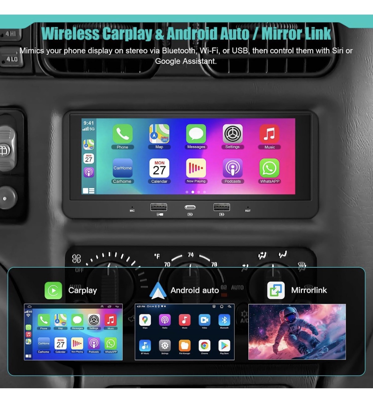 Single Din Car Stereo with Apple Carplay Android Auto,6.8 Inch IPS Touch 5G