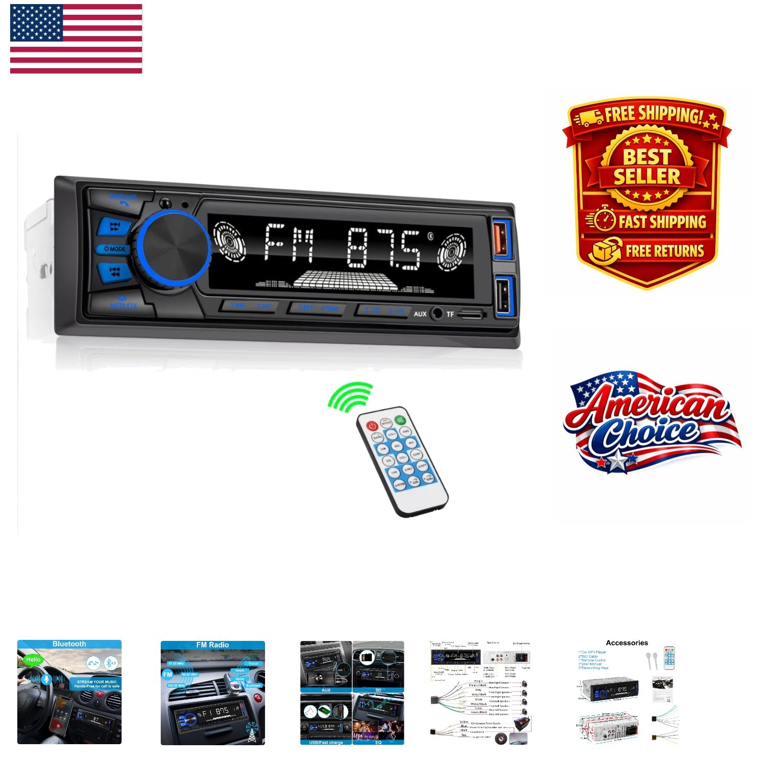 Single DIN Bluetooth Radio with FM/MP3 Playback, Smart App Control & Remote