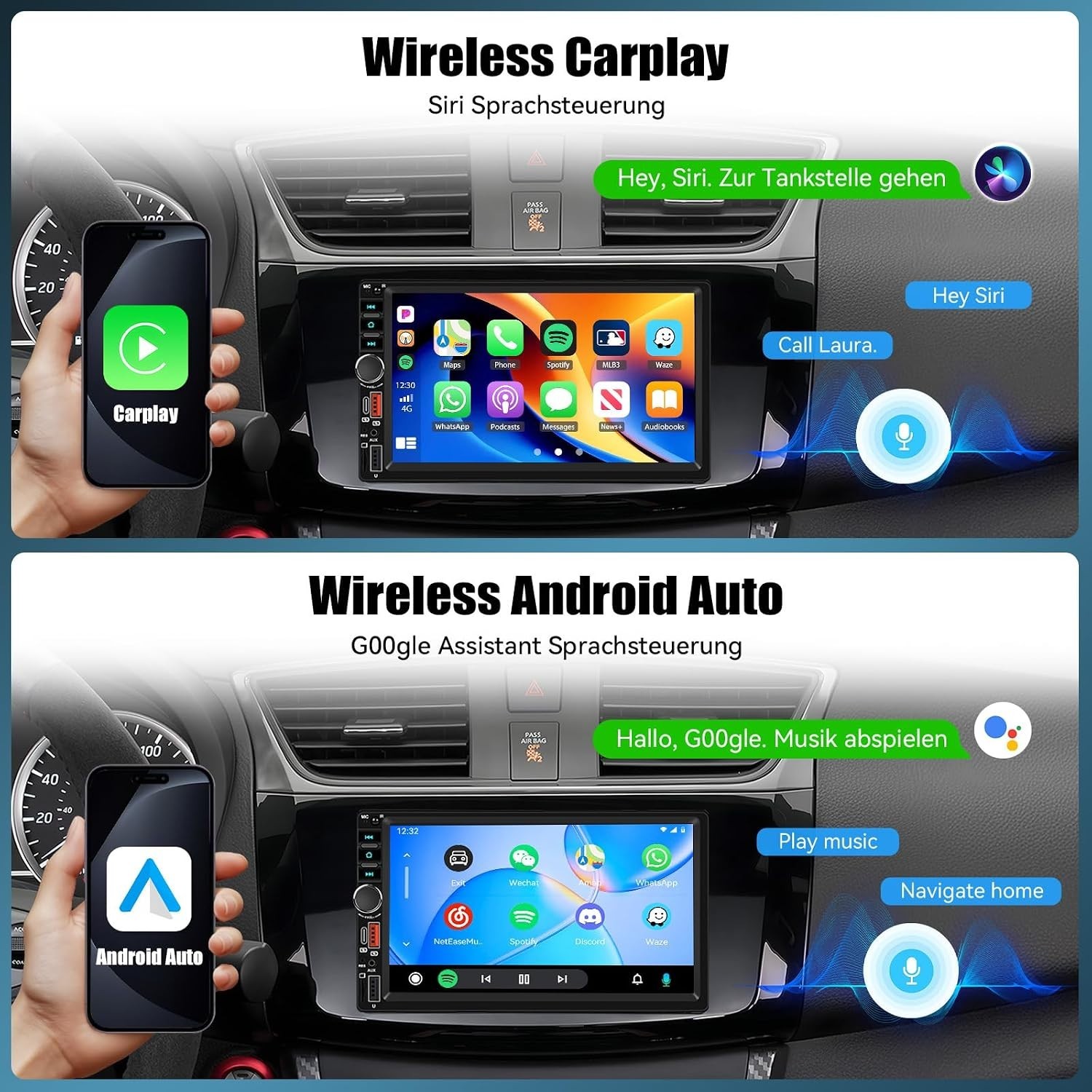Wireless Double Din Car Stereo Compatible A-pple Carplay Android Auto,7″ IPS 102