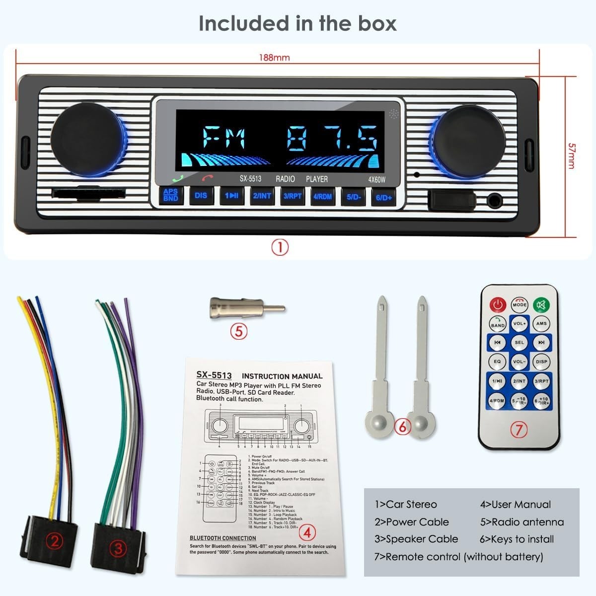 Multi-Function Single Din Bluetooth Stereo with AUX/SD Port & Remote Control