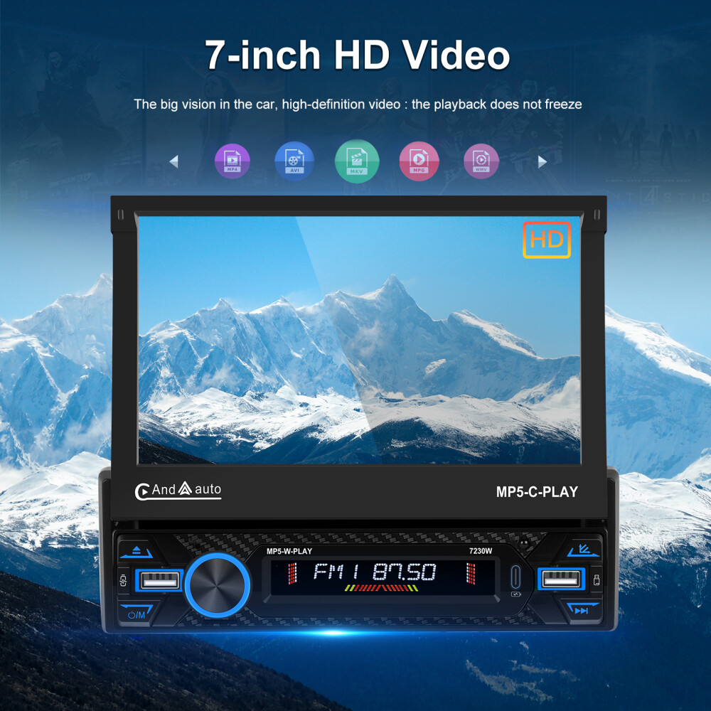 7″ Single 1DIN Car Stereo electric CarPlay Touch Screen USB MP5 Player Flip Out