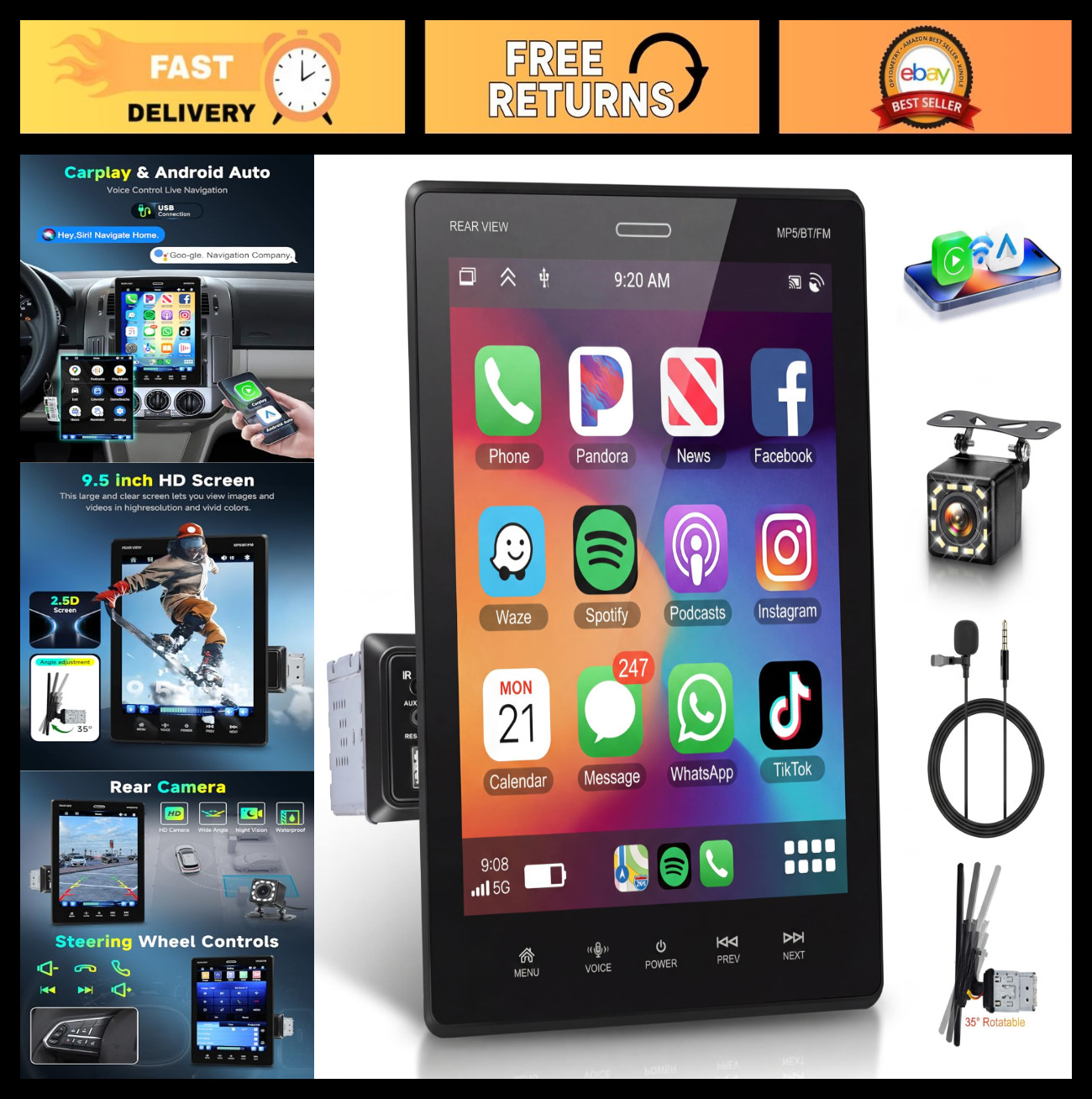 9.5″ Single Din Touchscreen Car Stereo, CarPlay & Android Auto, 1080P IPS, Bluet