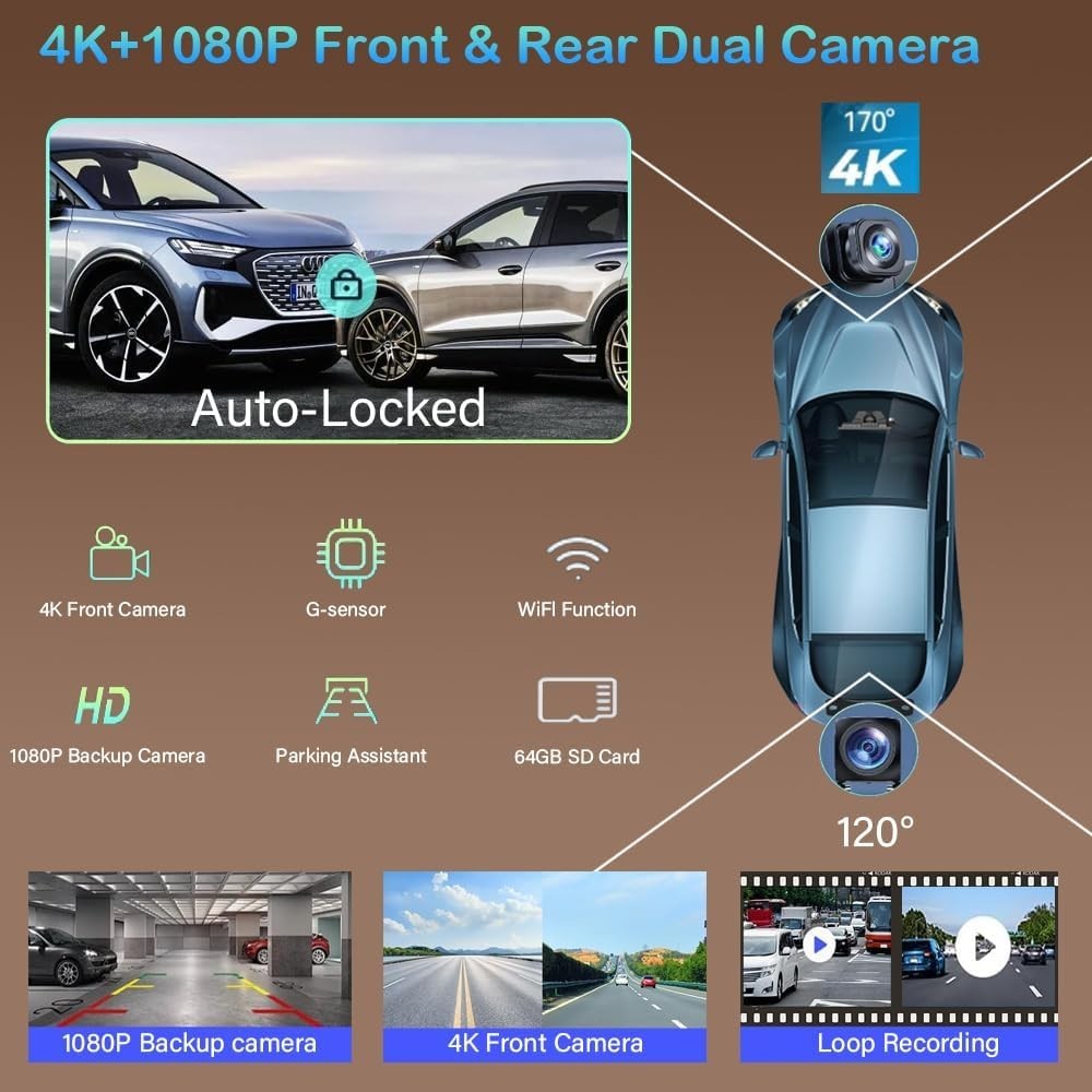 CarPlay 10.26″ 4K Wireless Screen, 360° Dash Cam, 1080P Backup Camera