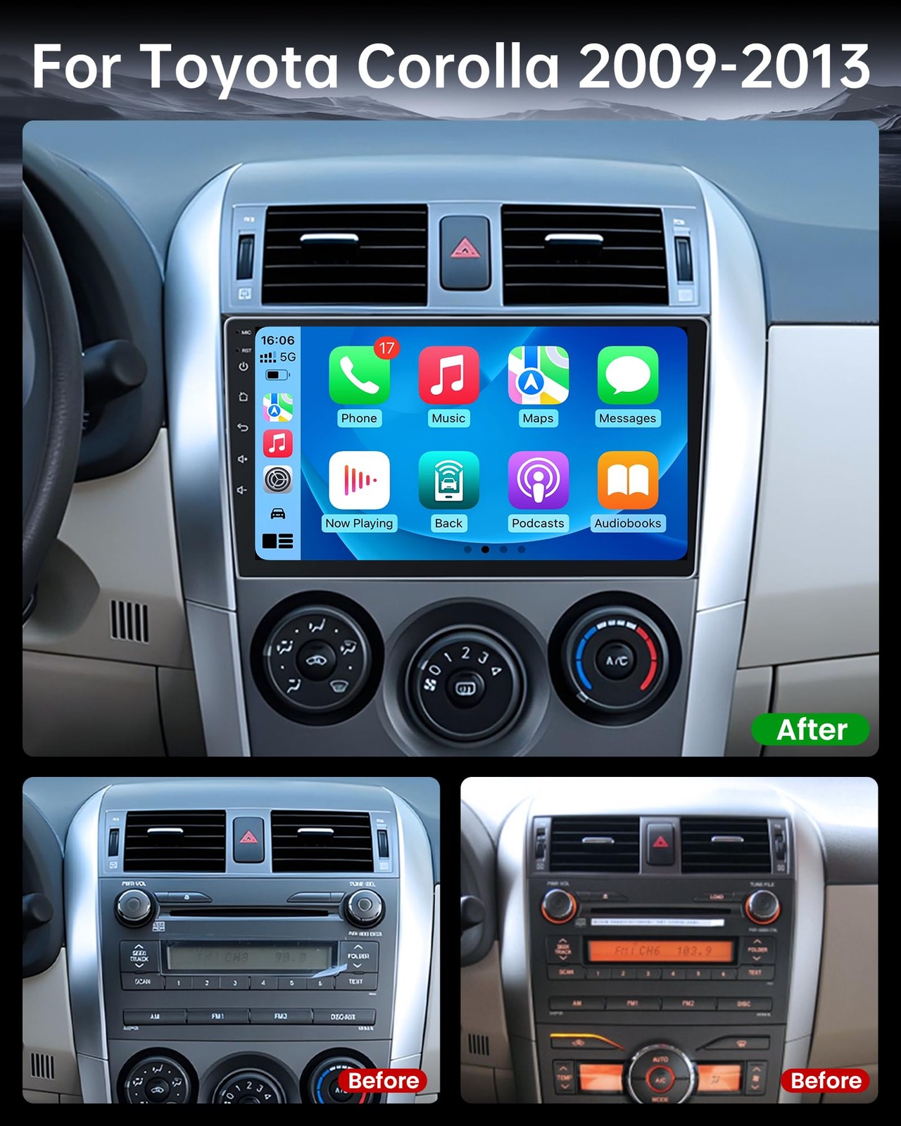 Toyota Corolla 2009-2013 Car Radio, 9 Inch Wireless Carplay, Bluetooth GPS