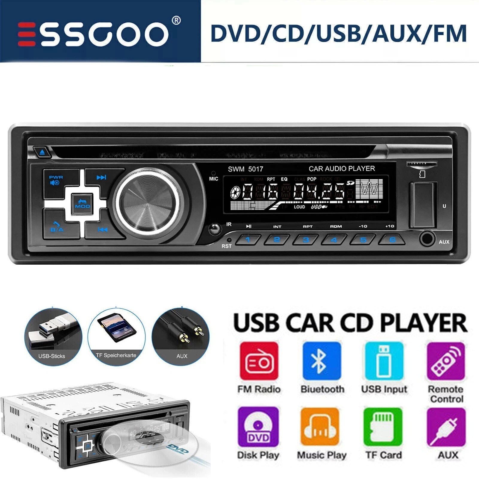 1 DIN DVD CD Car Stereo Radio MP3 Player Bluetooth USB FM/AM AUX In-dash RDS BT