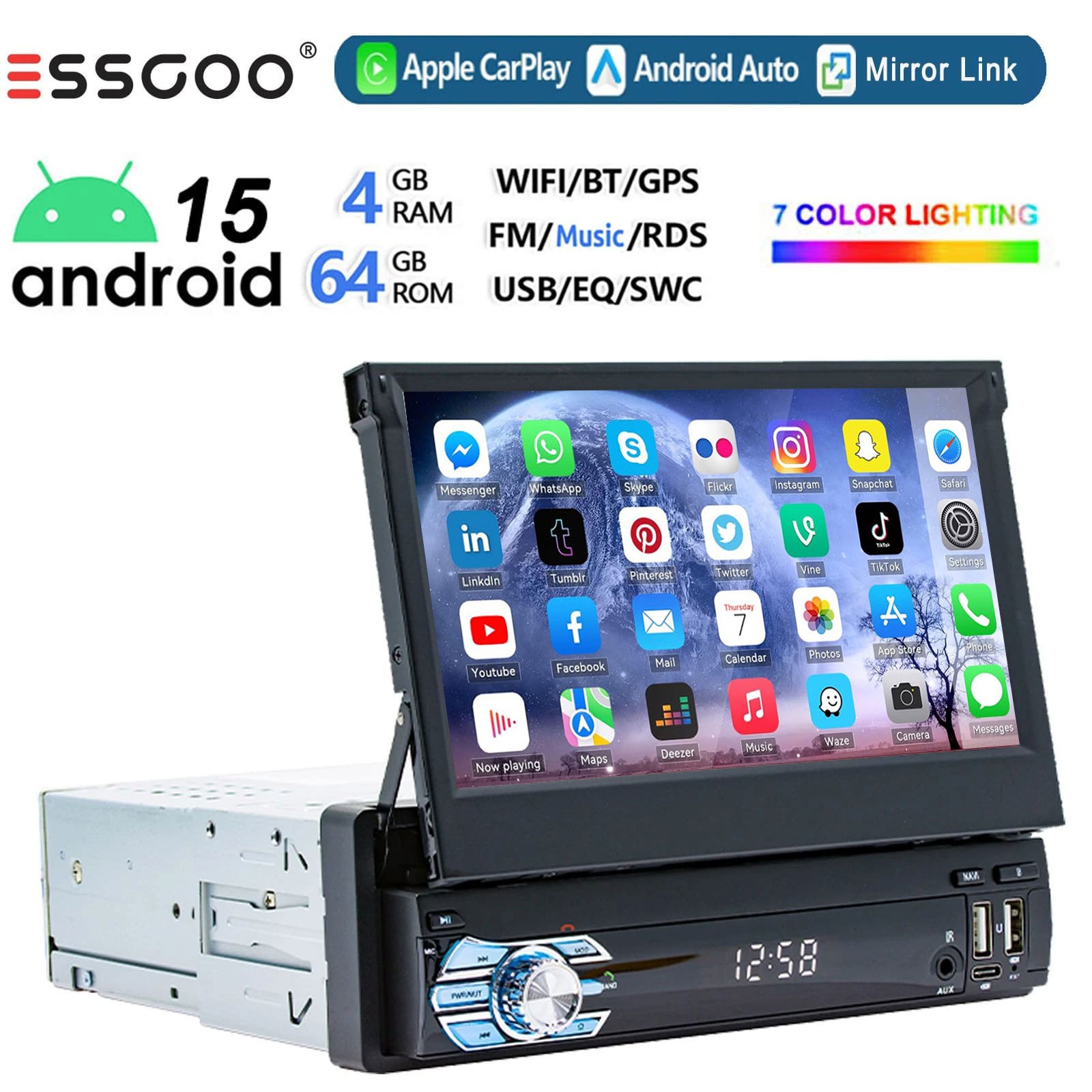 Android 15 Single 1 Din 7″ Car Stereo Radio Carplay GPS Bluetooth Flip Out 4+64G