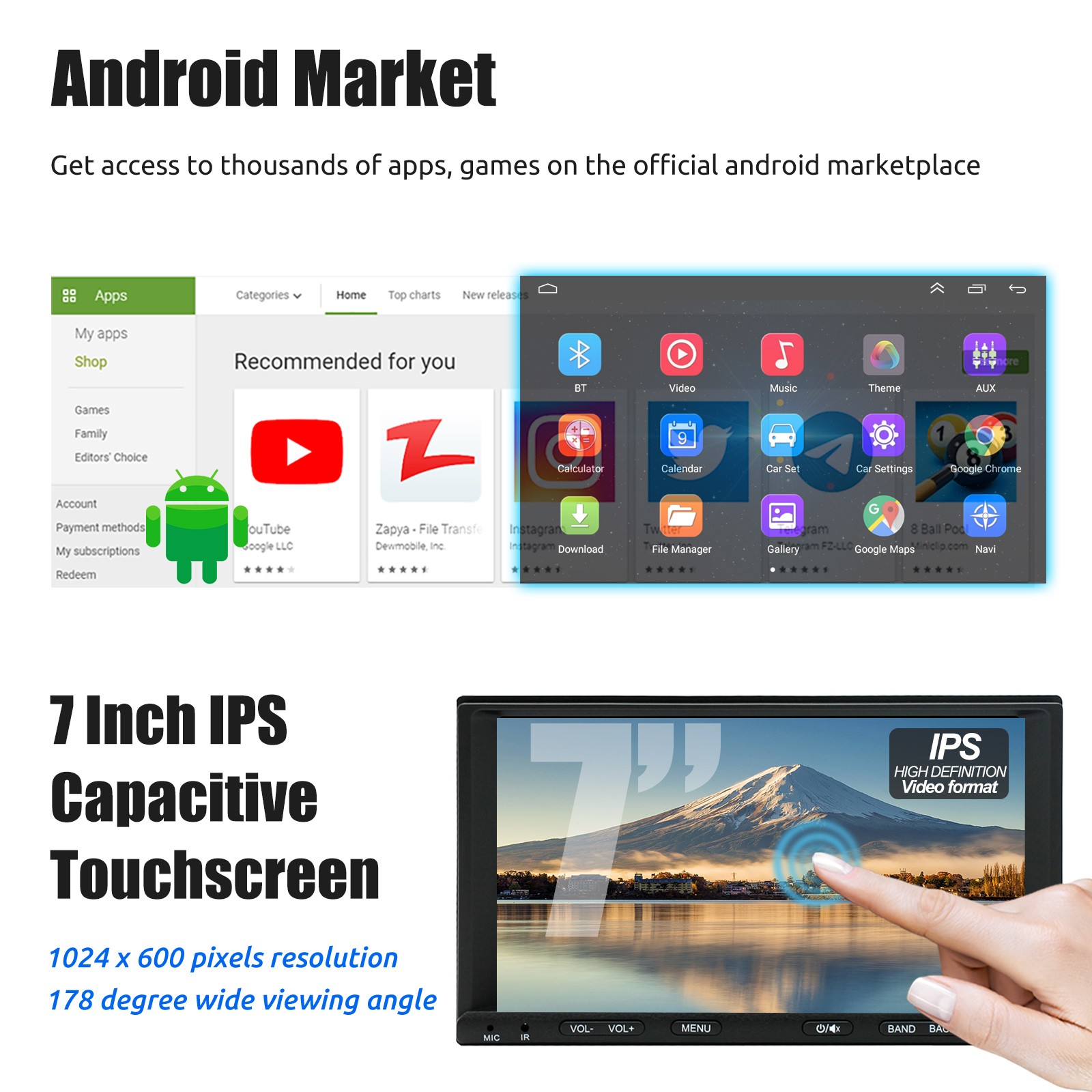 7” Double 2 DIN 64G CarPlay Android 15 Car Stereo Touch Screen GPS 64GB Camera