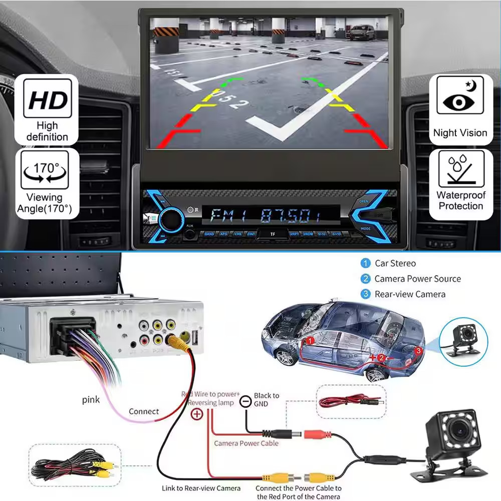 Single Din Car Stereo 7 In. Flip Out Touchscreen Radio Compatible with Apple Car