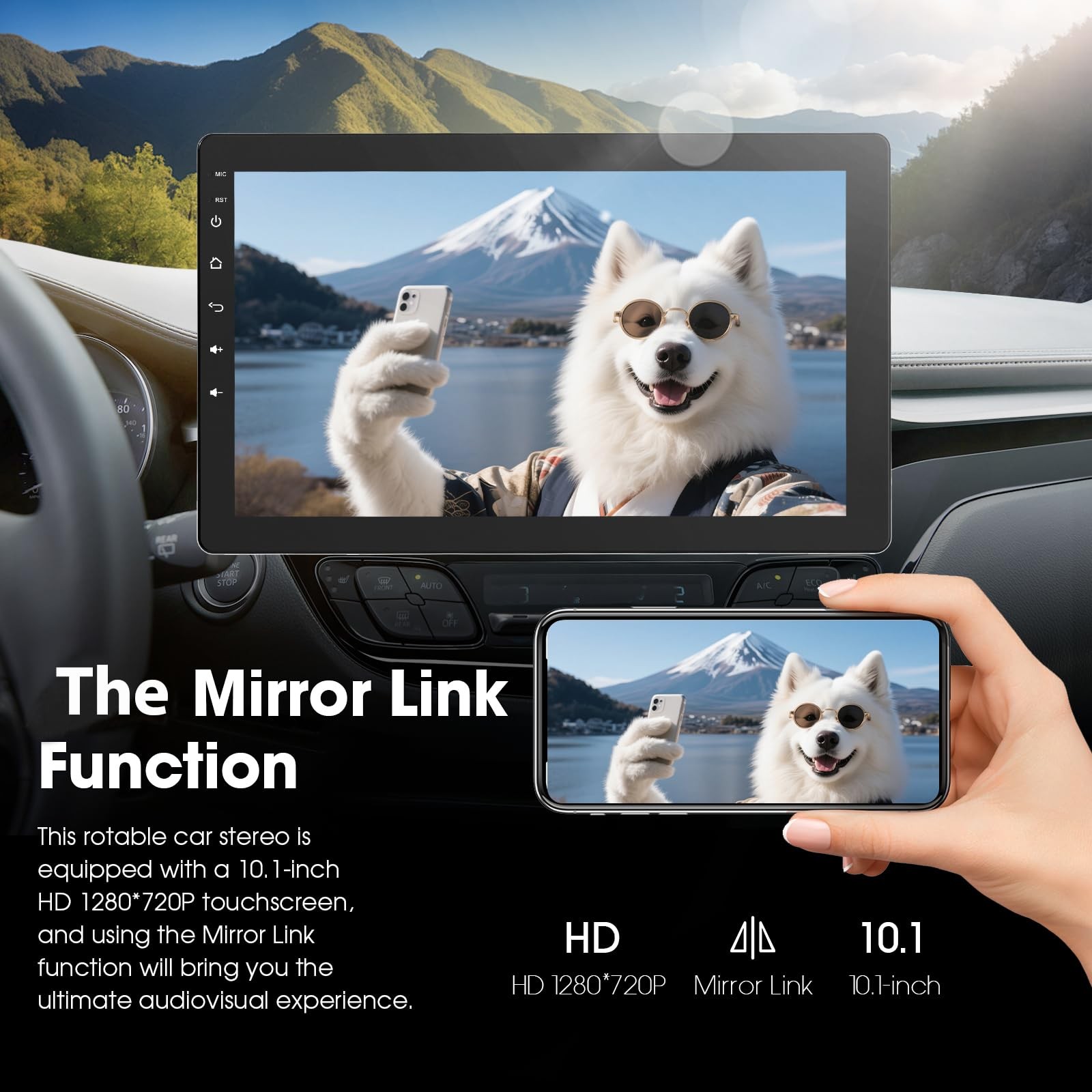 Haudio 10.1 inch Single Din Car Stereo, Rotatable Touch Screen Radio with Wir…