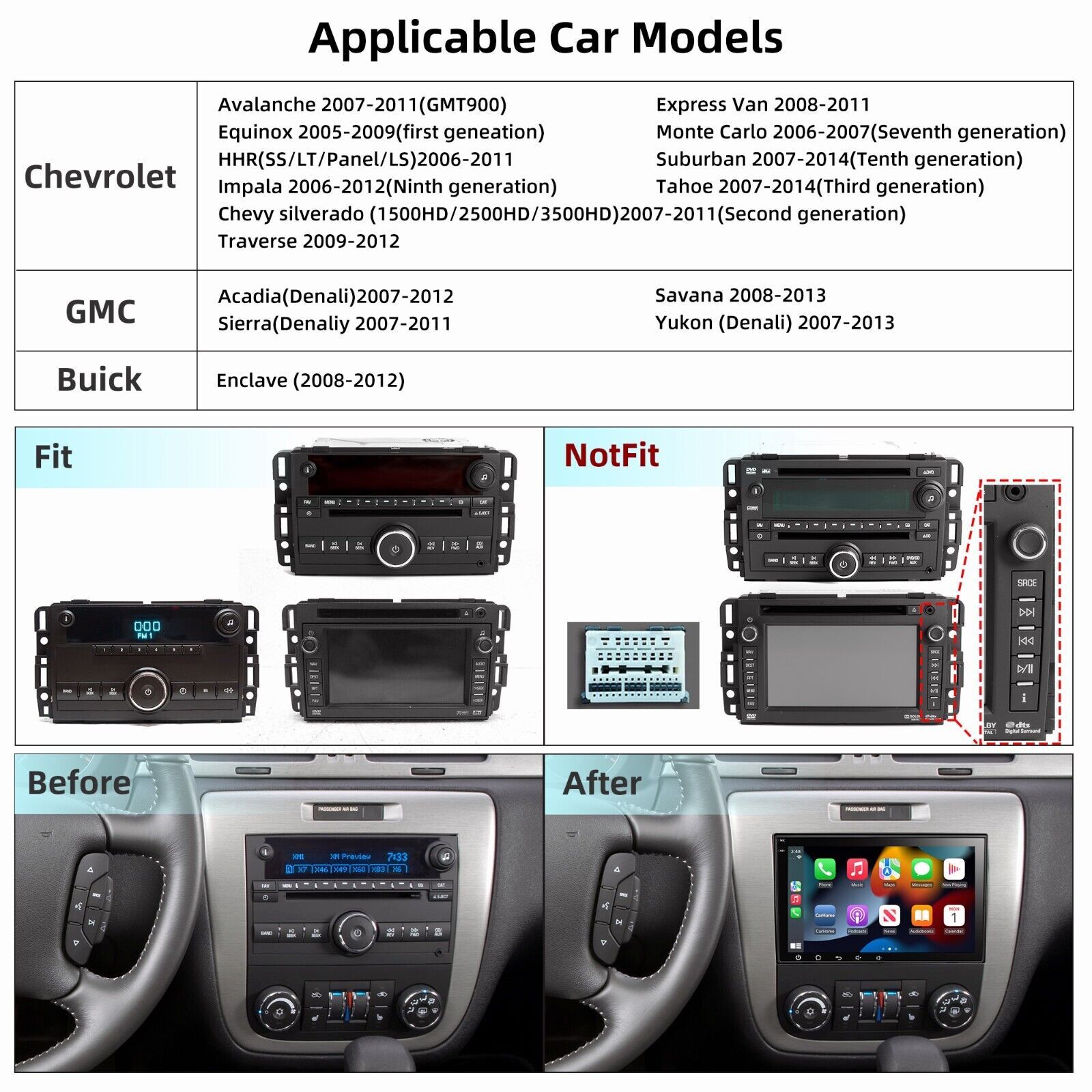 For 2007-2014 Chevrolet Silverado GMC Sierra Carplay Car Stereo Radio Android 12