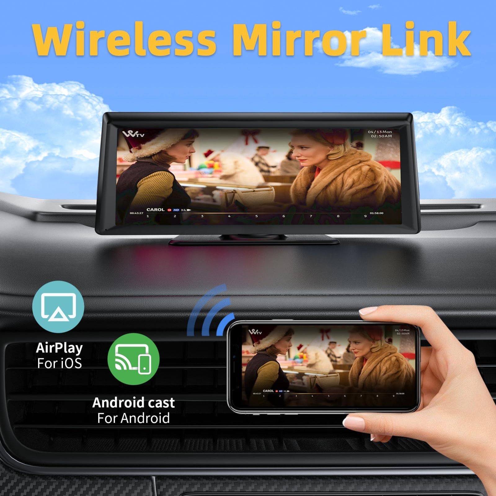 8.1″ HD Wireless Carplay Stereo with 2K Dash Cam, Bluetooth, GPS, Voice Control,