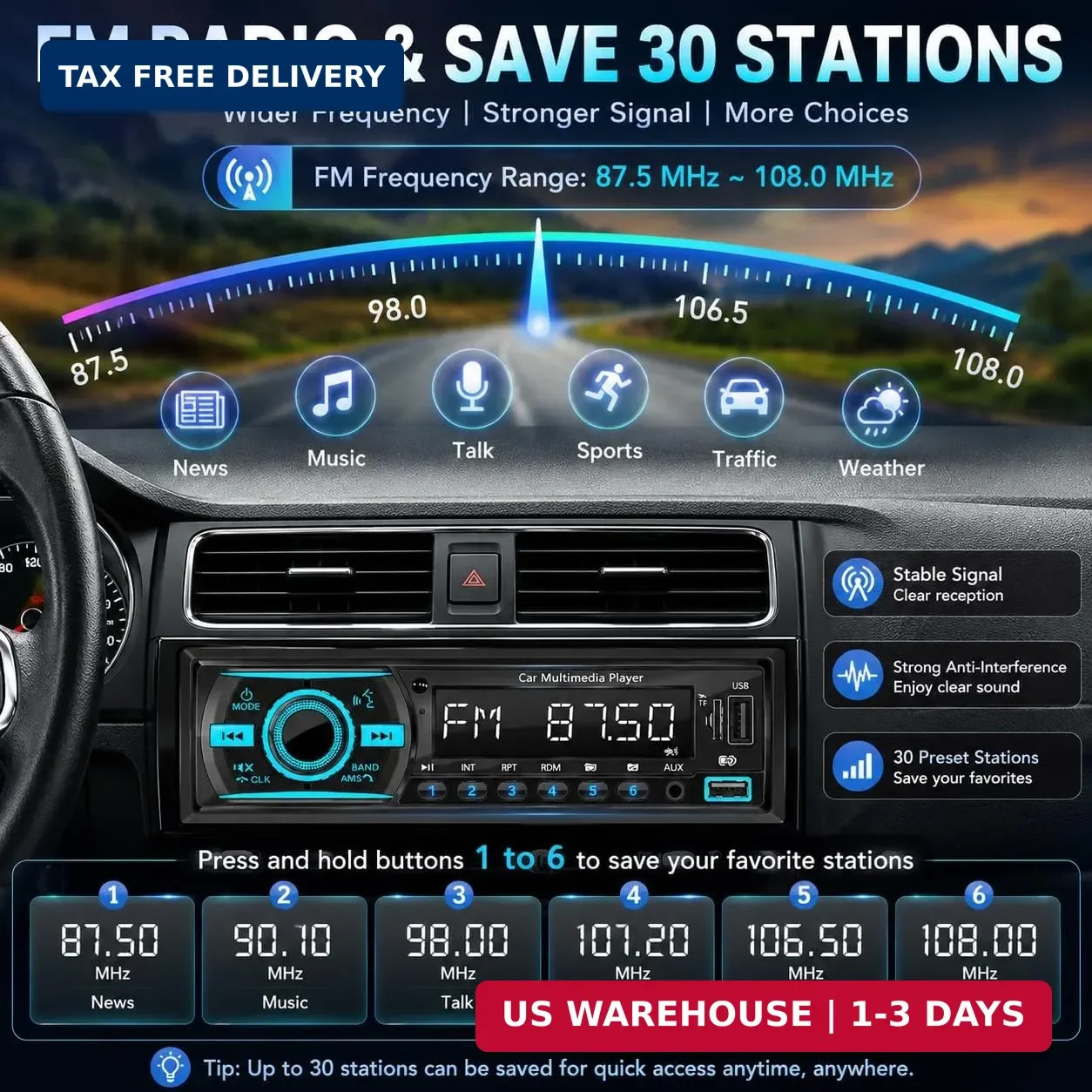 Single Din Radio Car Stereo Bluetooth,Radio Head Unit with FM/Dual USB/AUX/TF/EQ