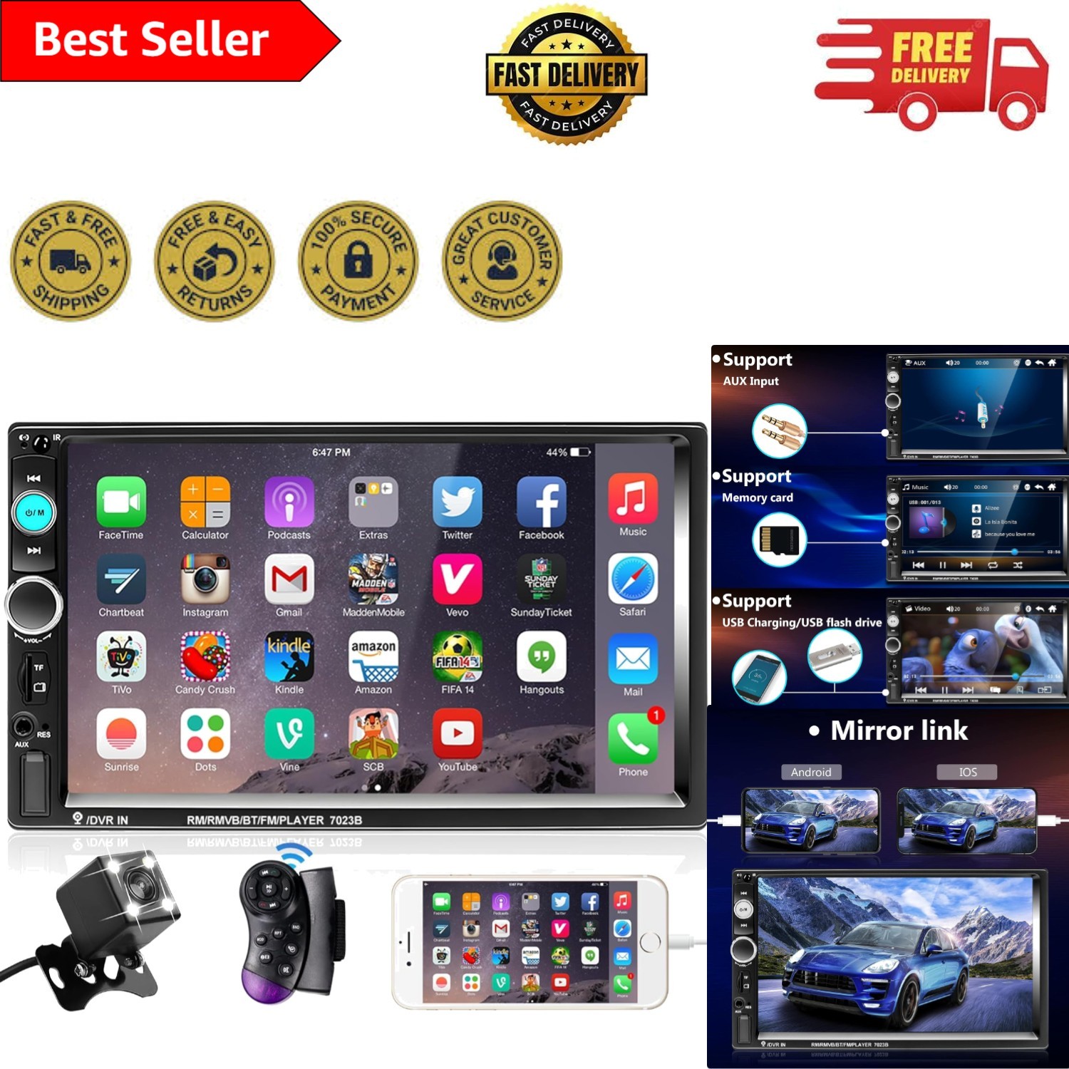 7 Inch Double Din Car Stereo: Touchscreen, Bluetooth & Backup Camera