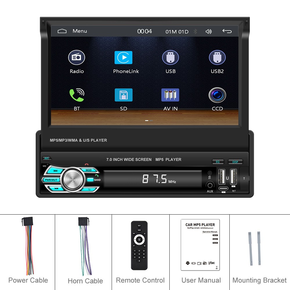 7″ Car Radio Single 1Din Retractable Wireless CarPlay Stereo Touch Screen BT FM