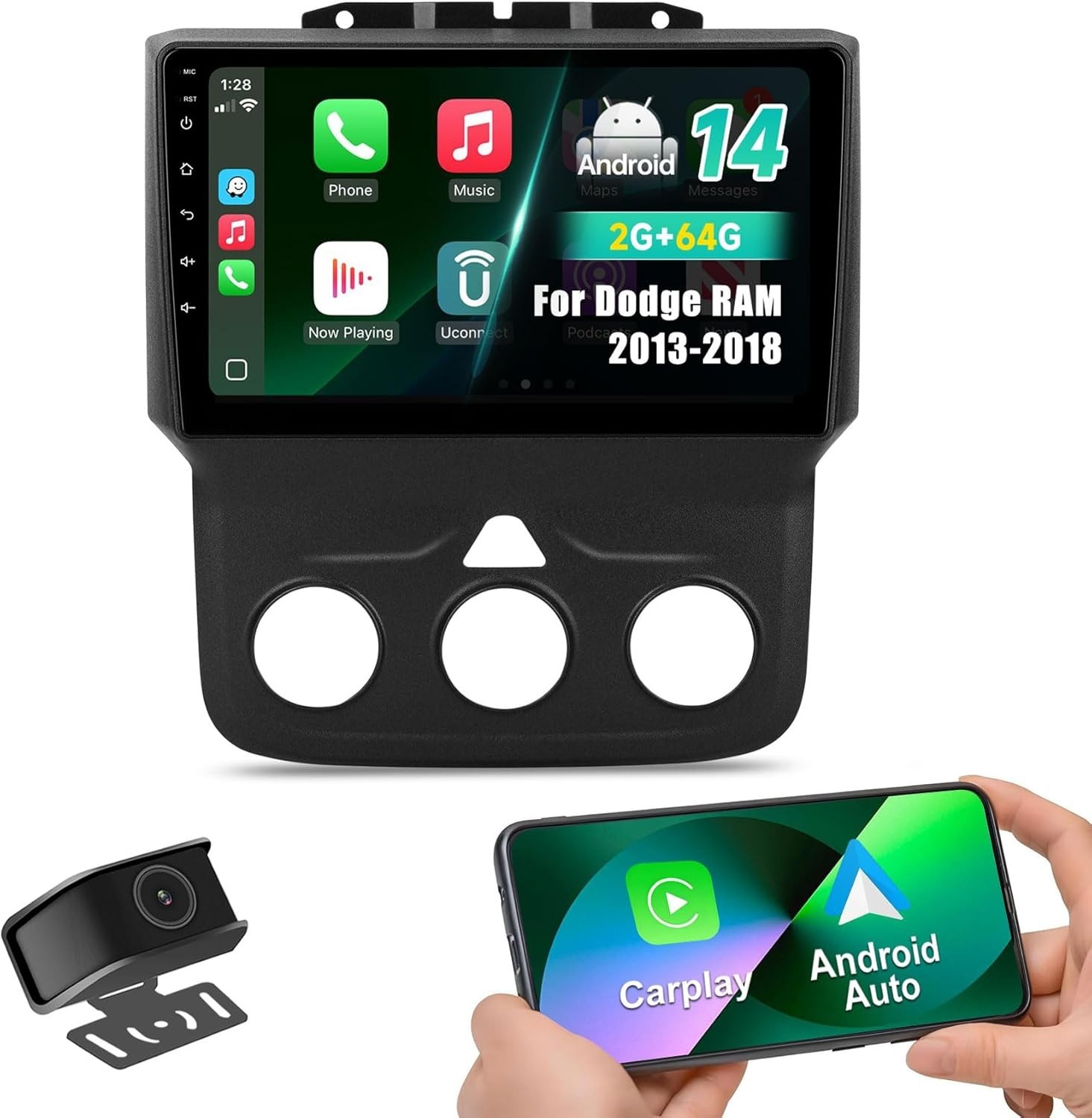 9″ 64G Android Auto Carplay for Dodge RAM 1500 2500 3500 2013-2018 (Manual AC)