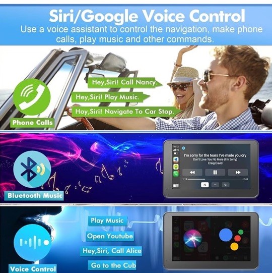 Hieha Wireless Carplay 7″ HD Portable Touchscreen Car Stereo w/Apple & Android