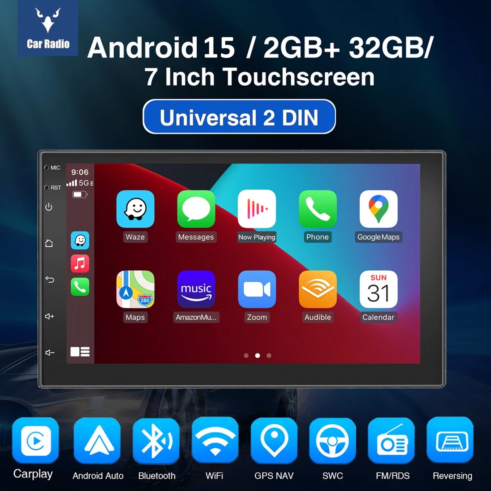 7″ 2G+32G Double 2DIN Android 15 CarPlay Car Stereo Radio GPS SAT NAVI Head Unit