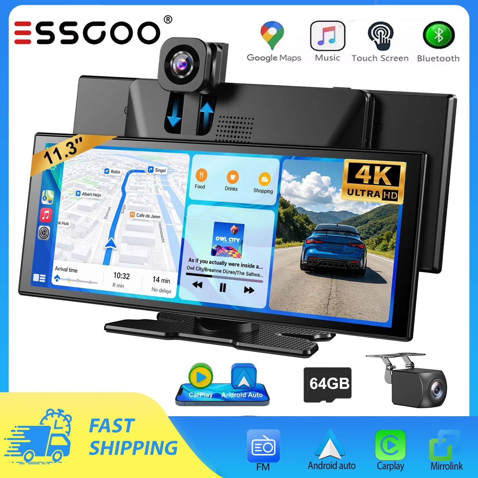 11.3″ 4K Car Wireless Touch Screen Apple CarPlay Tablet Android Auto Radio +64GB