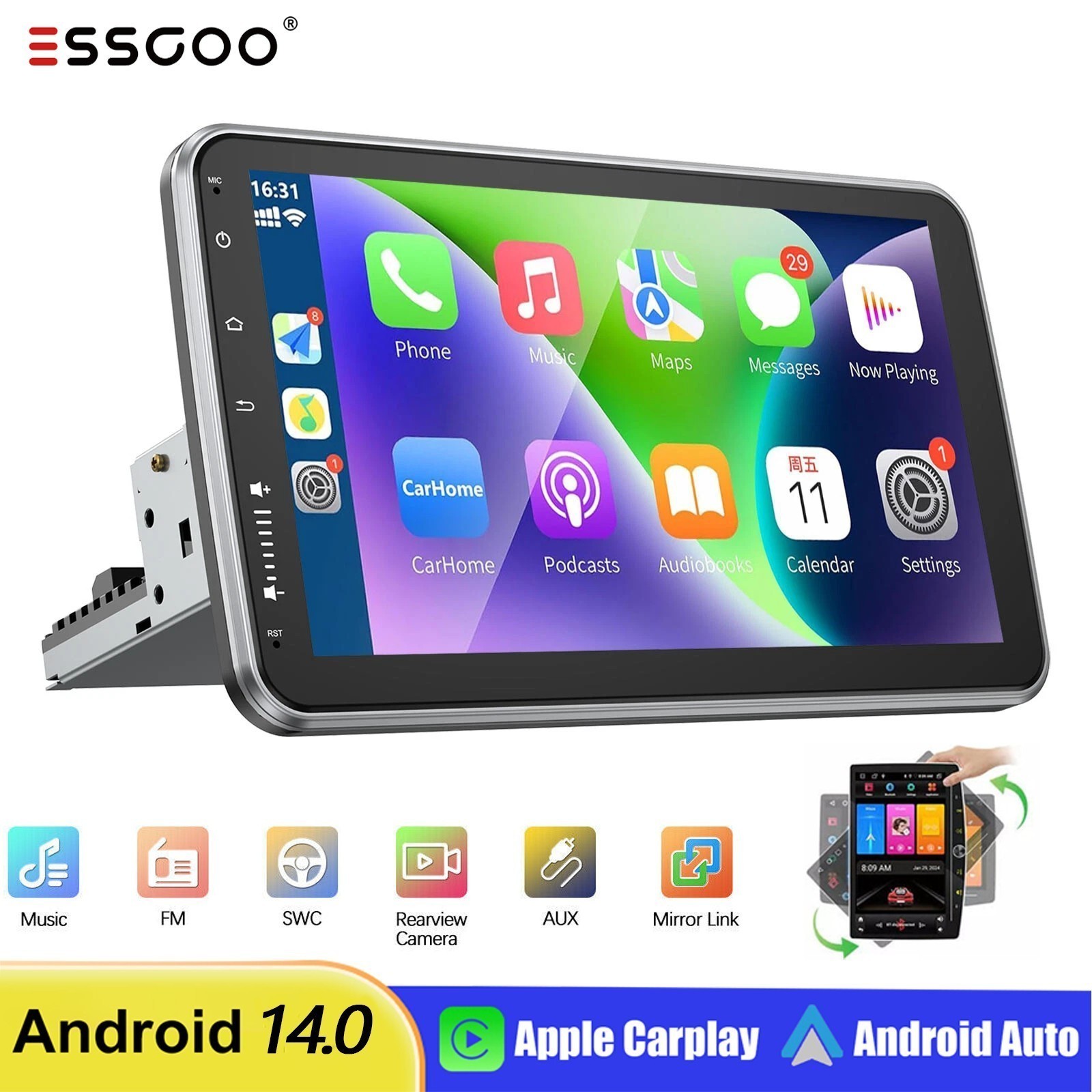 GPS NAV Android 14 Carplay 10” Single 1 DIN Rotatable HD Touch Screen USB WiFi