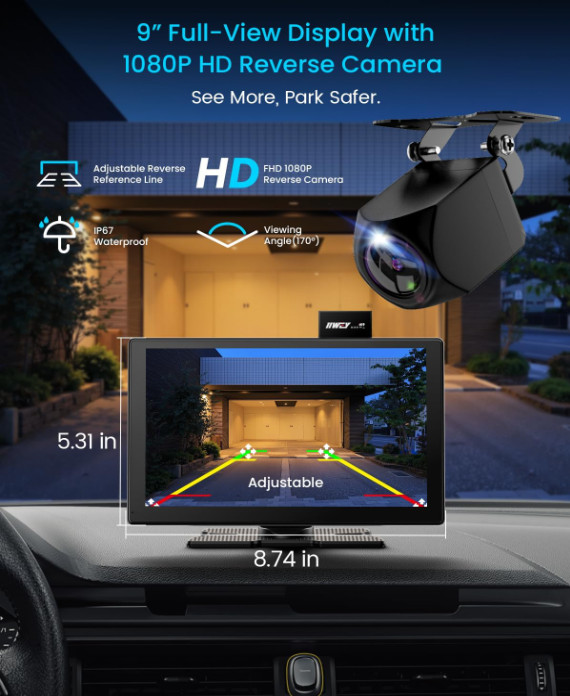Pantalla CarPlay de 9″ con Android Auto, Cámara 4K y Cámara Trasera 1080P. Nuevo