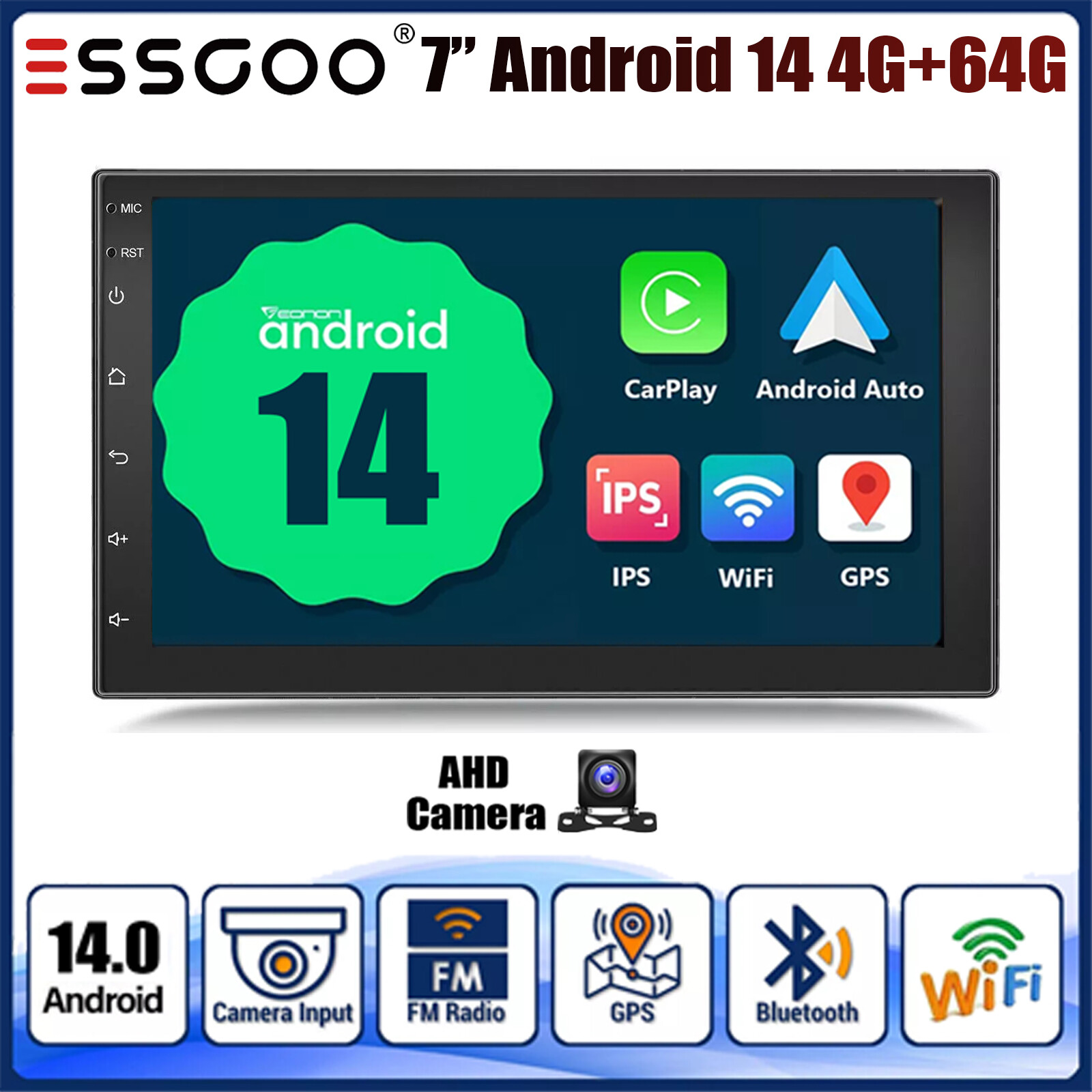 Double 2 DIN 7″ Android 14 Carplay Car Stereo GPS NAV Radio 4+64G Bluetooth+AHD