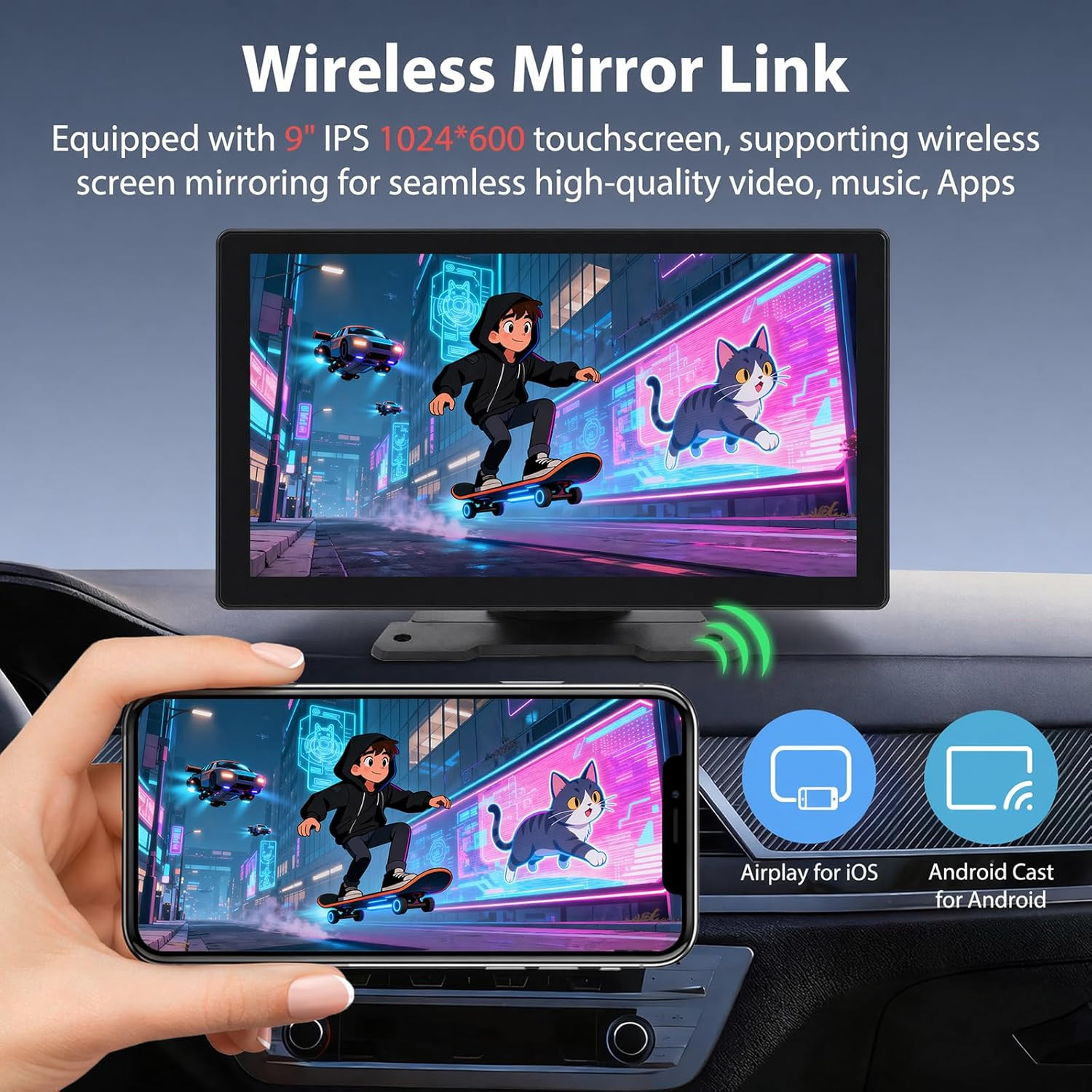 9 Inch Carplay Screen for Car, Wireless Carplay & Android Auto Portable Touchscr
