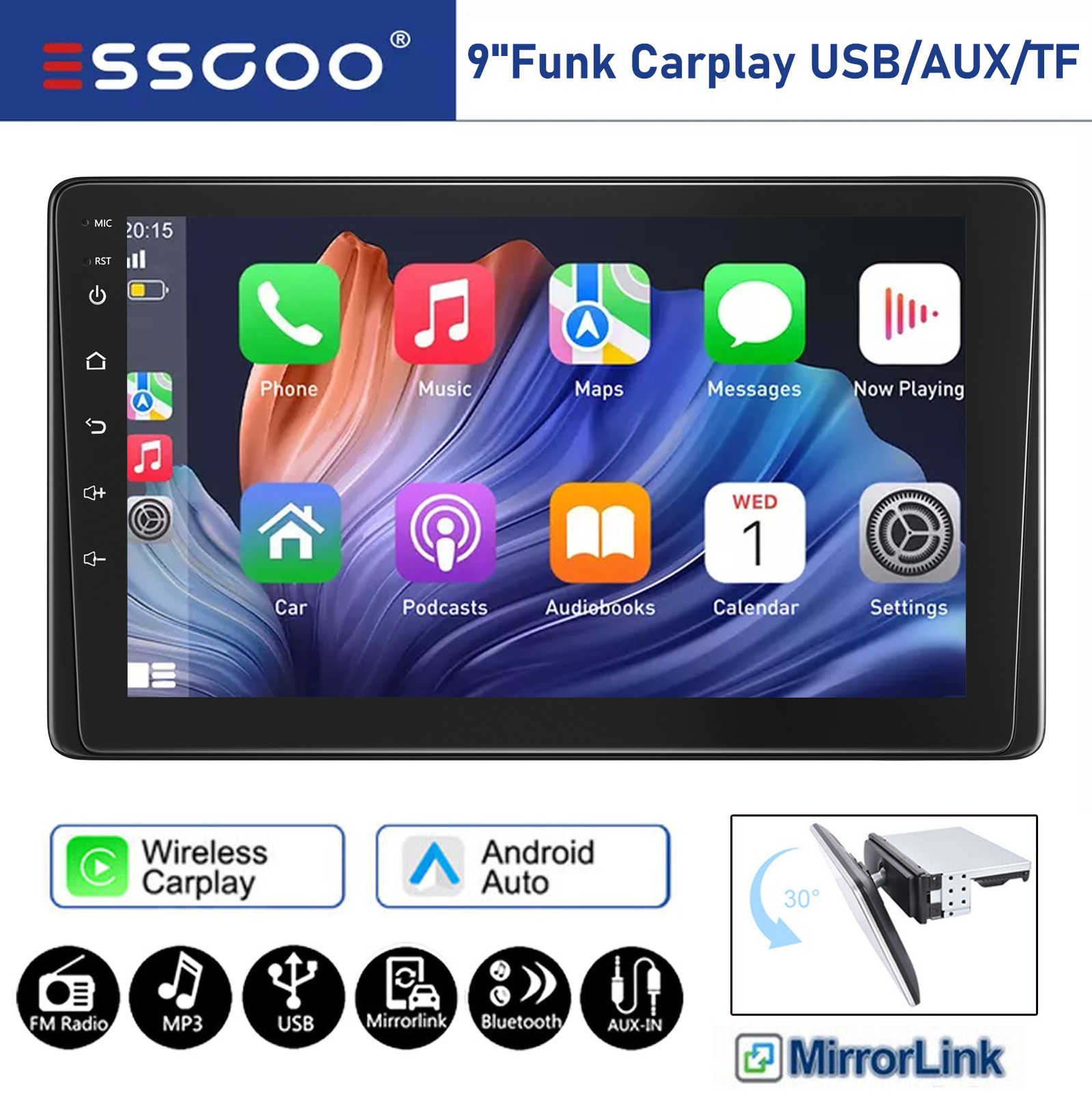2024 New 9″ Car Stereo Single DIN Wireless iOS CarPlay Android Auto USB FM-Radio