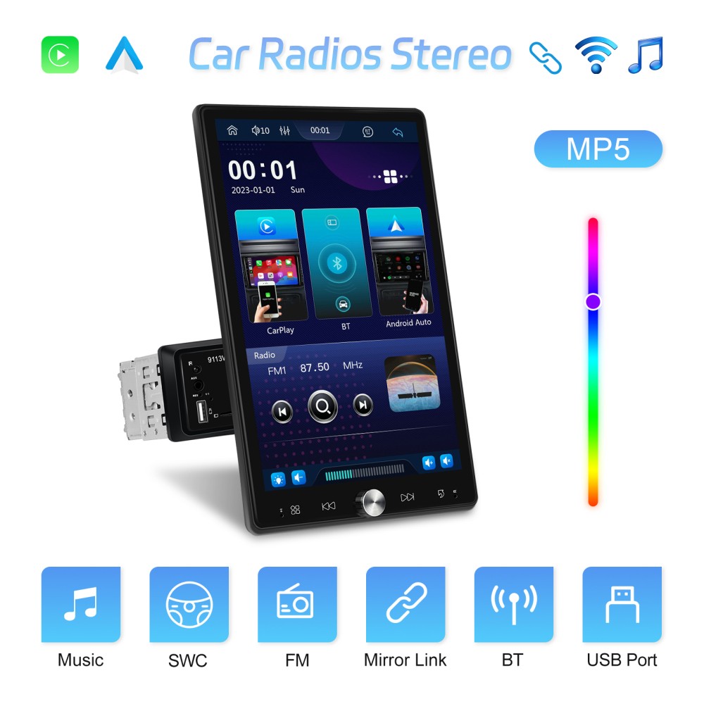 10.4″ Single 1DIN Wireless Apple CarPlay Car Stereo Rotatable Touch Screen Radio