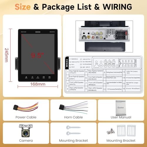 9.5″ CarPlay Android Auto Single DIN Stereo Bluetooth Touchscreen Radio, Backup