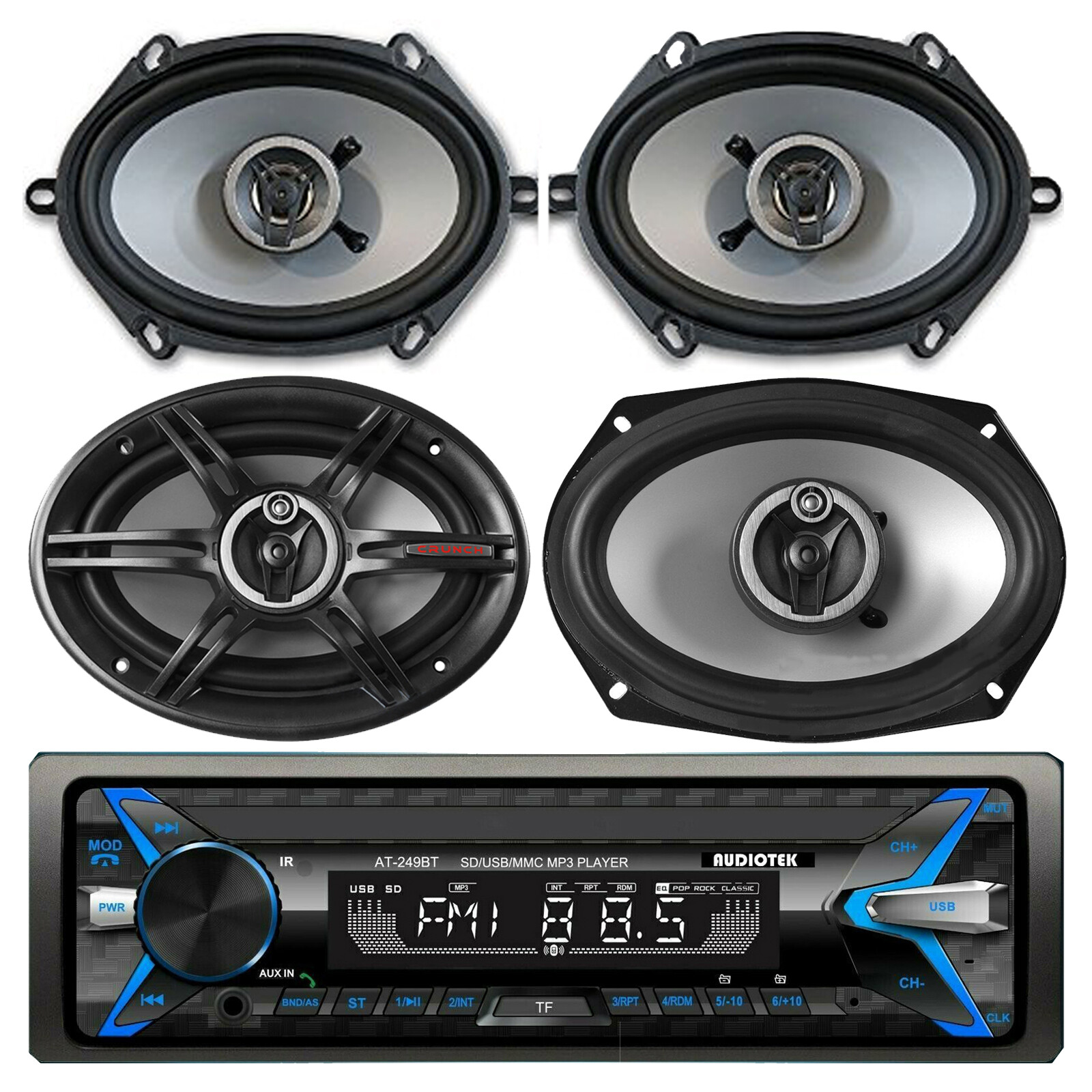 Audiotek AT-249BT Digital Receiver Bluetooth + 4x Crunch 6″x8″ 6″x9″ Speakers