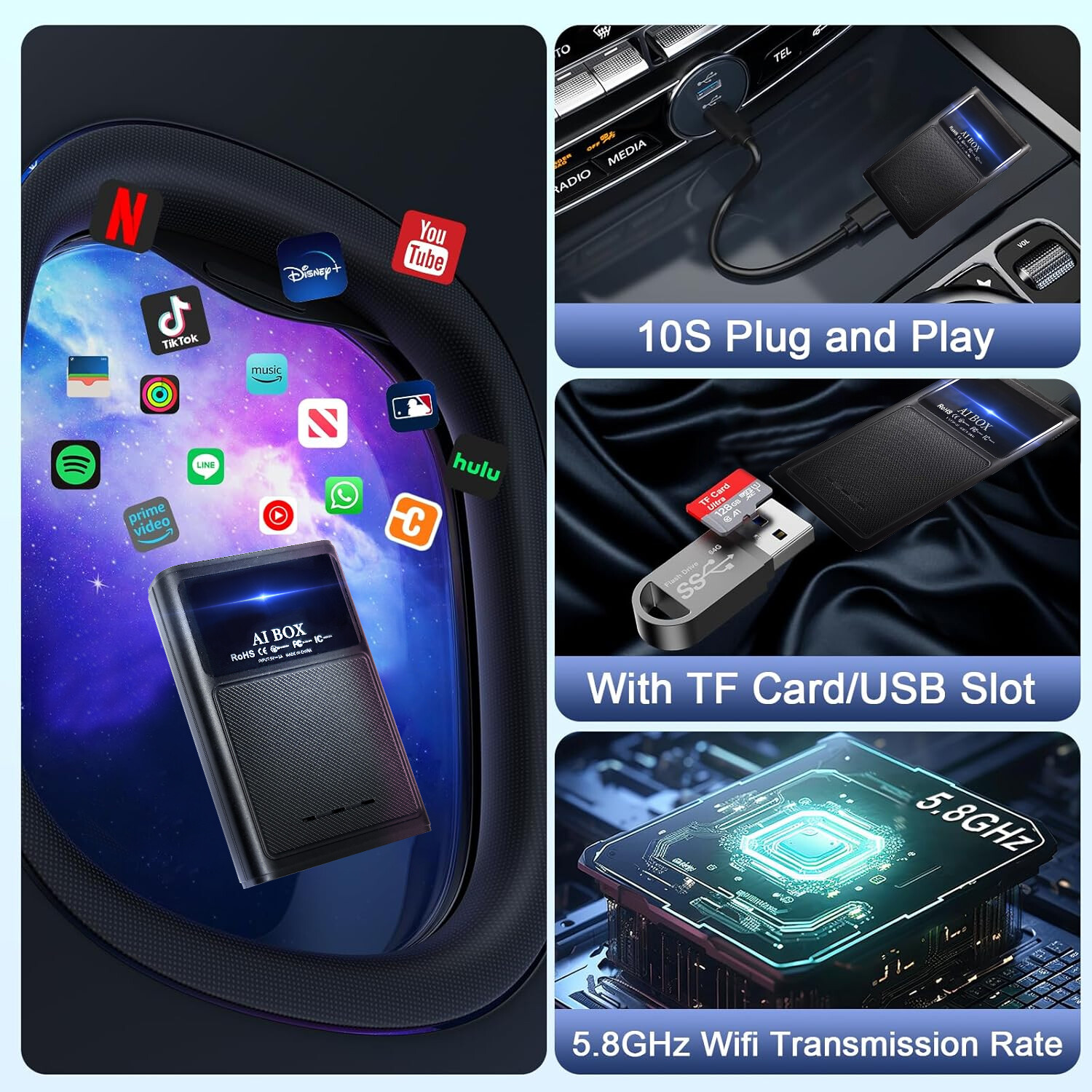 8 Core 4+64GB Wireless Carplay AI BOX Android Auto Adapter WiFi Youtube Netflix