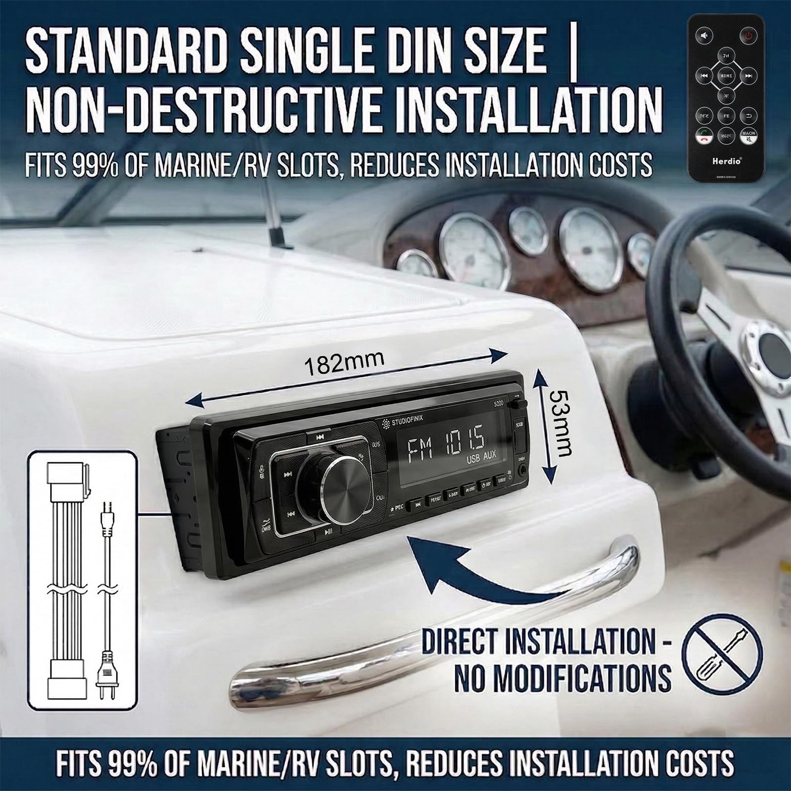 STUDIOFINIX Single Din Bluetooth 5.1 Marine Car Stereo Receiver, 240W Audio H…