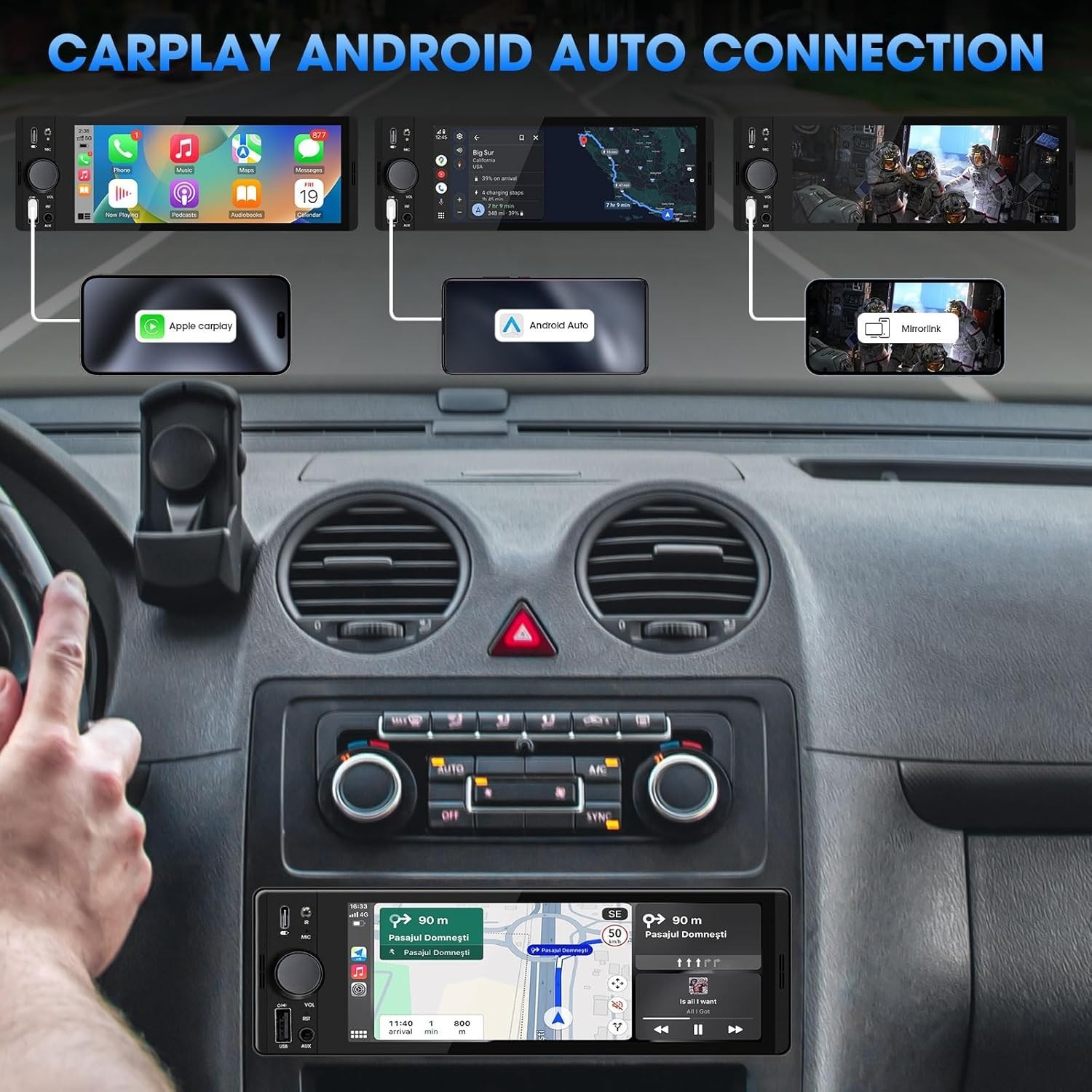 Single Din 6.5 Inch Touchscreen Stereo with Apple CarPlay & GPS for Classic Cars