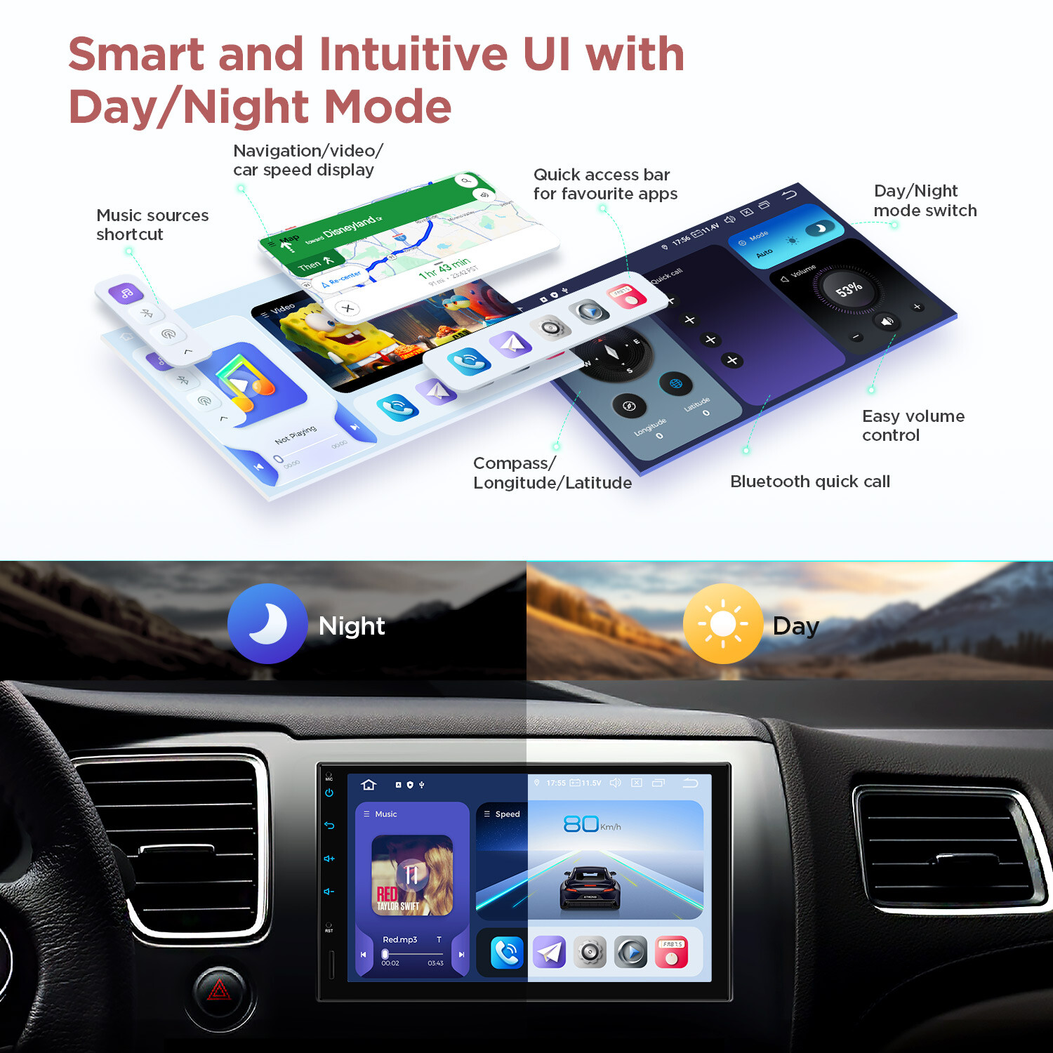 2 DIN Android 14 CarPlay Head Unit 8GB 256GB GPS DTS Sound 7″ Touchscreen WIFI