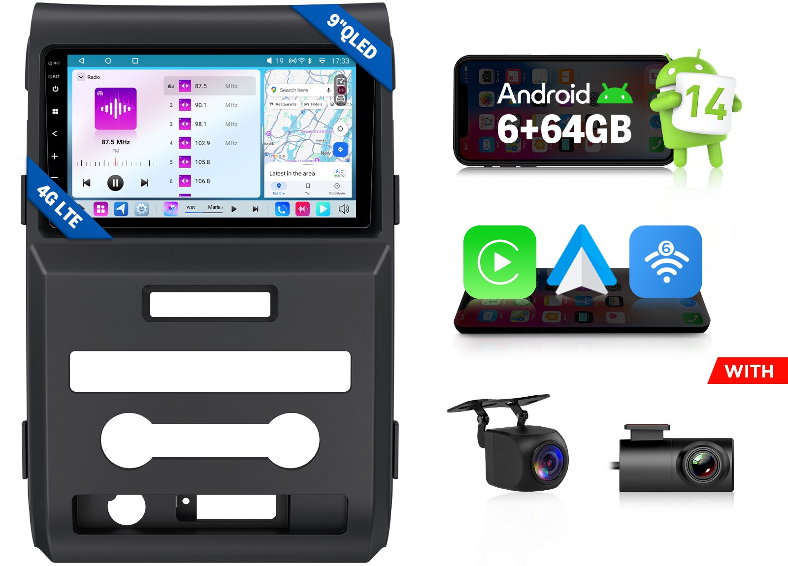 For Ford F-150 SVT Raptor 6+64G 9″ QLED Android Auto 14 Car Stereo Apple CarPlay