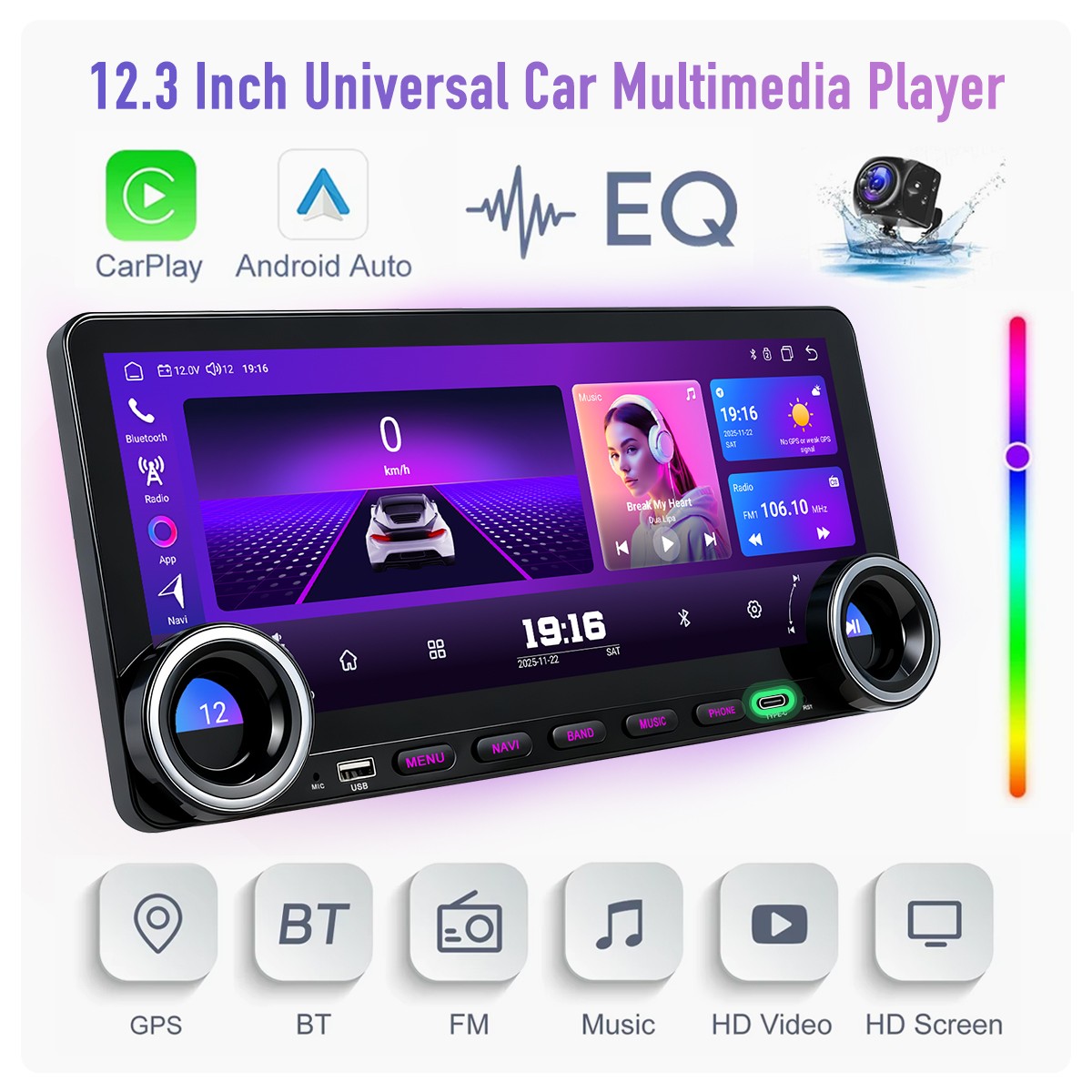 12.3” Android 15 8+128GB Car Radio Stereo 4G Lte DSP Carplay Screen GPS Navi BT