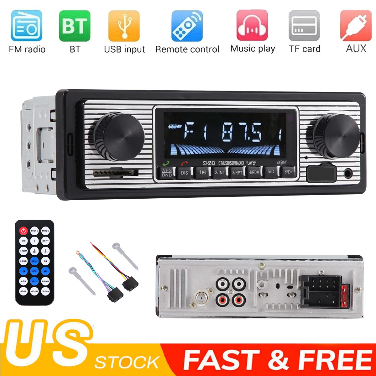 Bluetooth Vintage Car FM Radio MP3 Player USB Classic Stereo Audio Receiver AUX