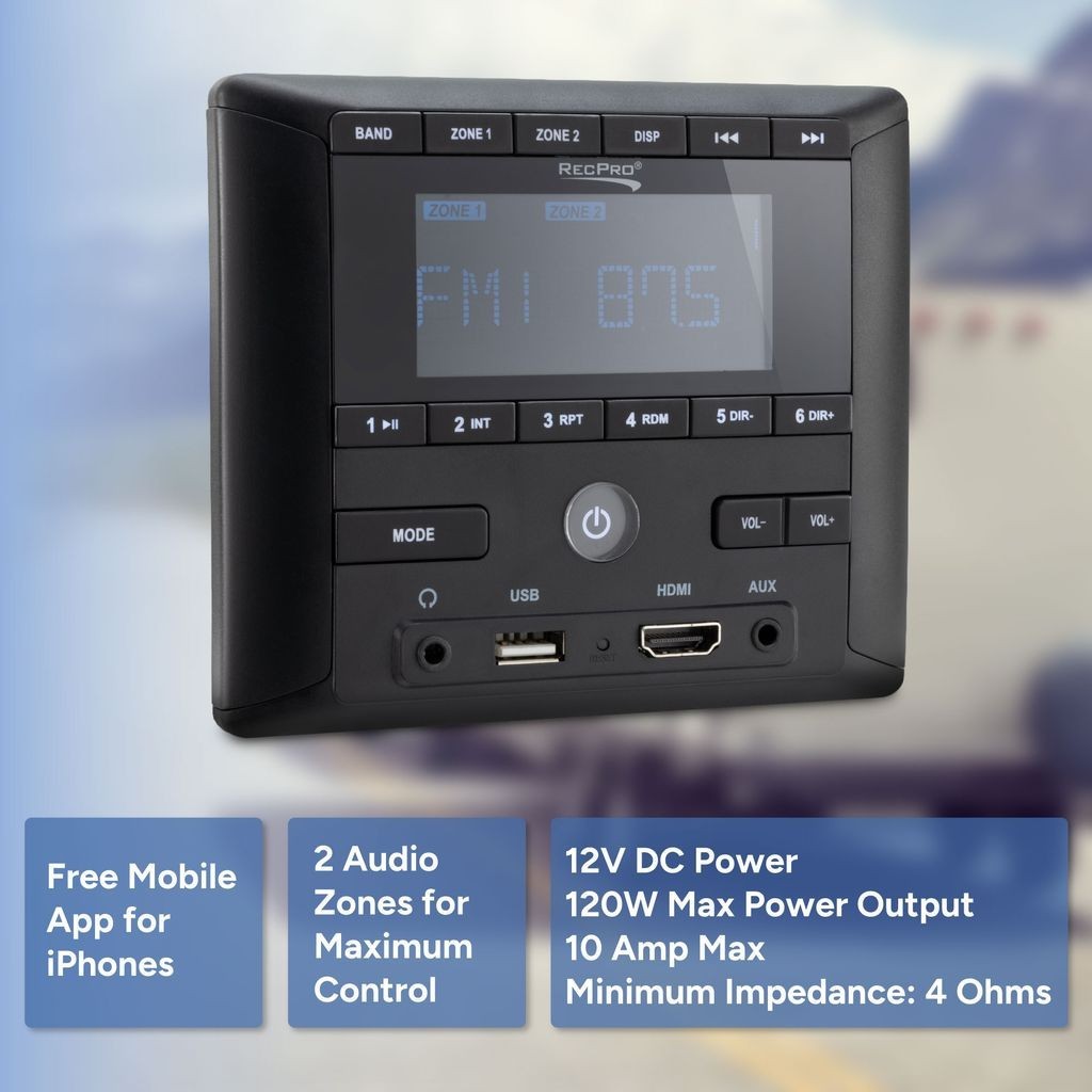 RecPro RV Stereo AM/FM Radio/Bluetooth/Aux-In Sound System Receiver Wall Mount