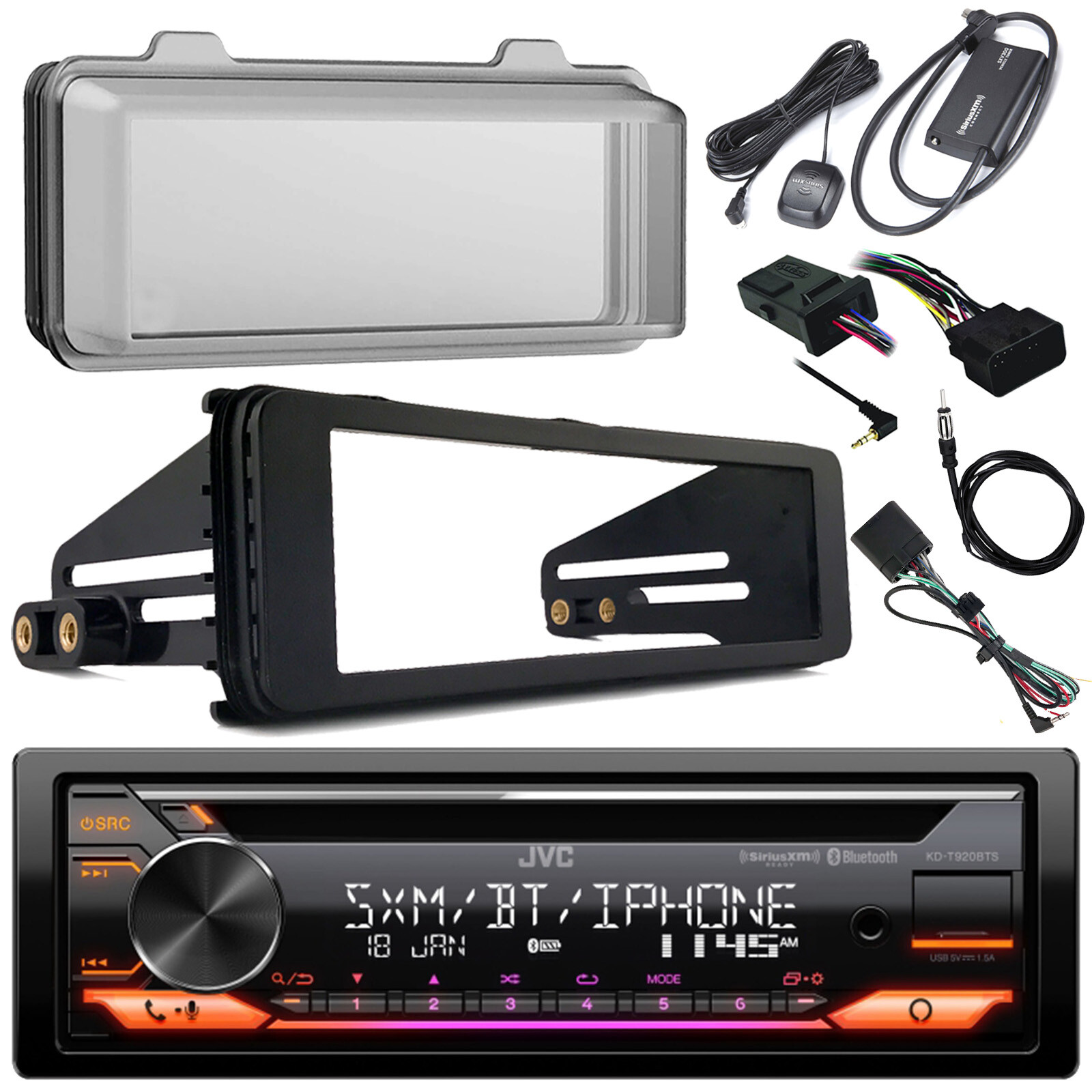 JVC CD Marine Receiver, Cover, XM Tuner, Antenna, Harley Handlebar + Dash Kit