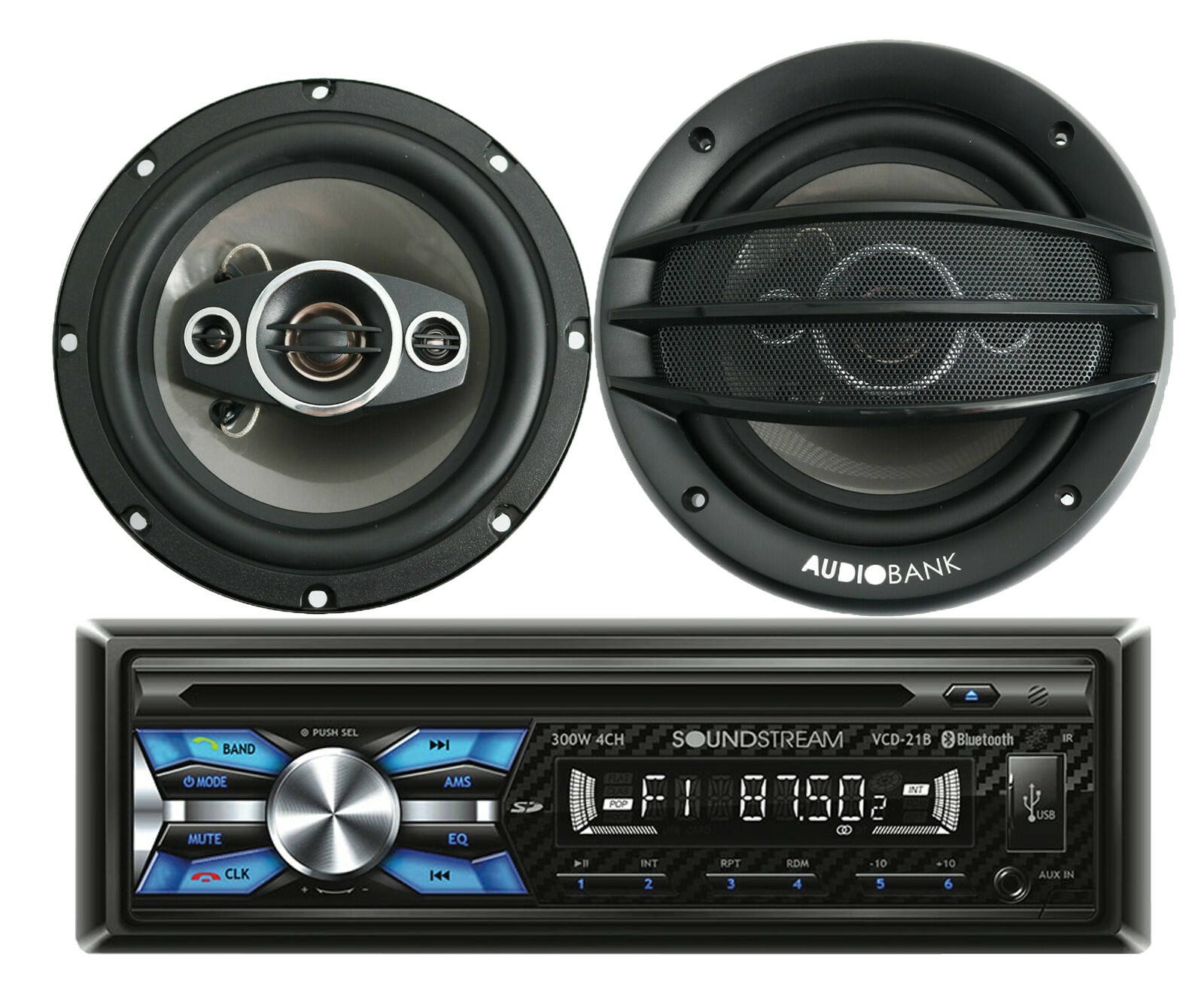 Soundstream VCD-21B 1-DIN CD Player Receiver+ 2x Audiobank AB-630 6.5″ Speakers