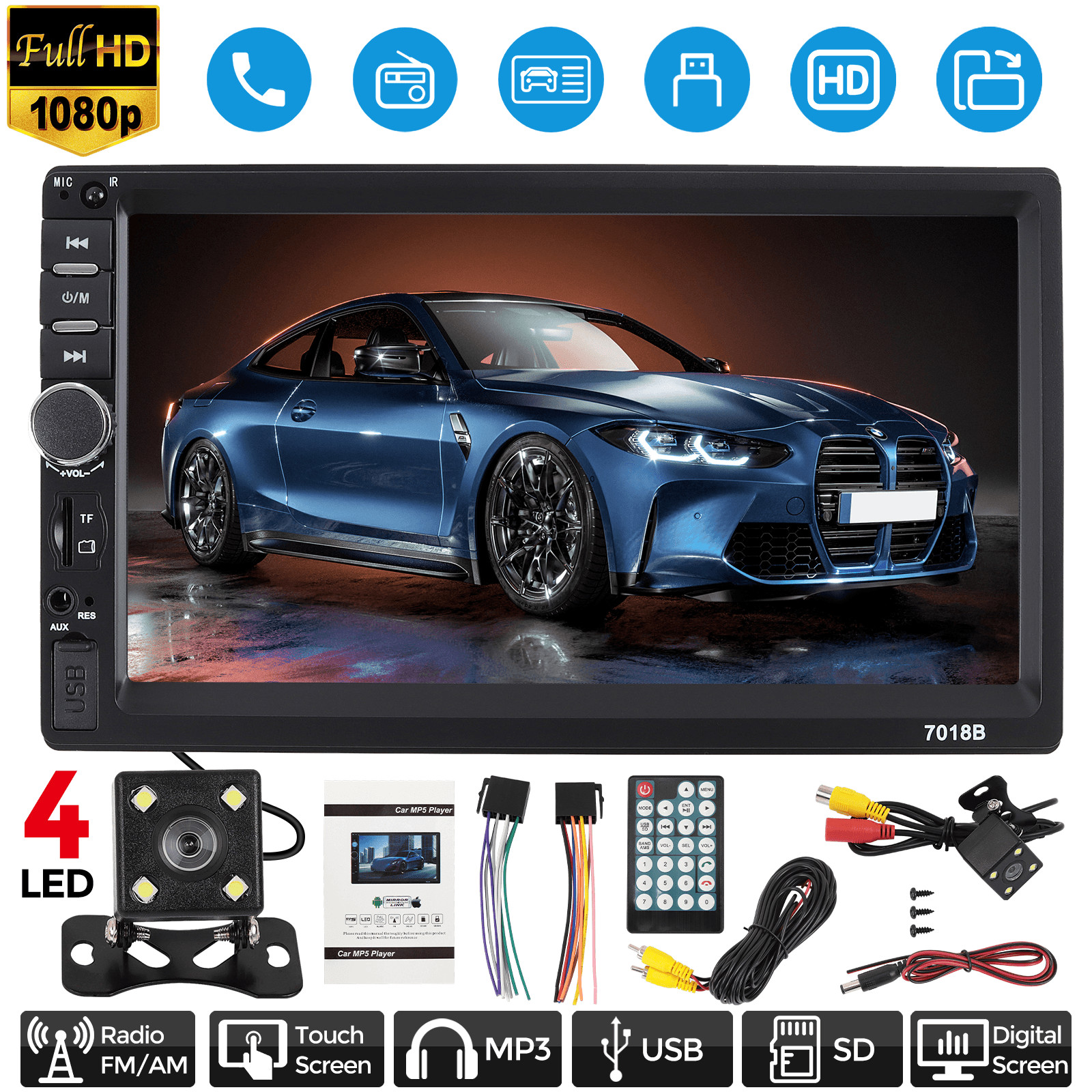 7″ Double Din Touch Screen Apple Android Auto Car Stereo Radio Bluetooth