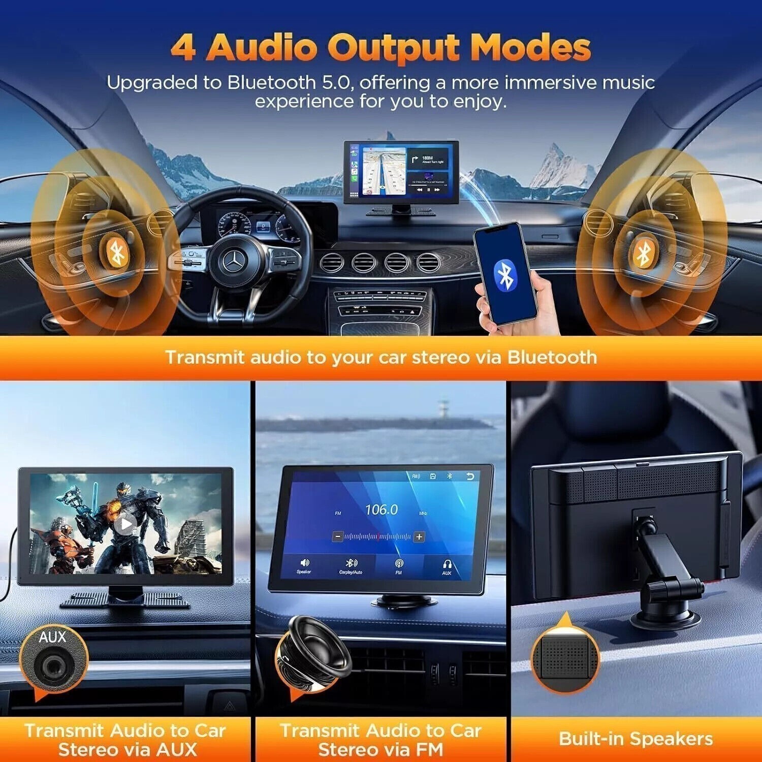 4K Dash Cam Wireless 9″Car Stereo Radio Apple Carplay&Android Auto+1080P Camera